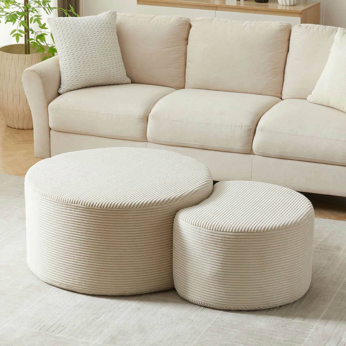 Angle. Kadyn - Nesting Coffee Table Set of 2, Upholstered Round Foam Tables for Living Room, Side/End Table Ottoman, No Assembly - Beige.