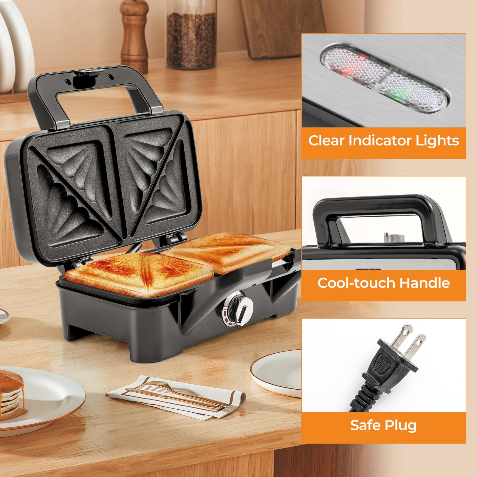 Clear Indicator Lights  
Cool-touch Handle  
Safe Plug