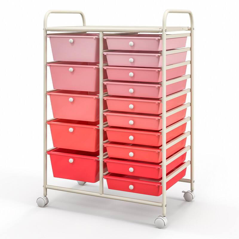 Alt View 3. WELLFOR - 15 Drawer Rolling Storage Cart, Drawer Organizer with Wheels, Scrapbook Paper Office School Organizer - Gradient Pink.