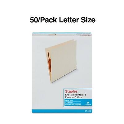 50/Pack Letter Size Staples End-Tab Reinforced Fastener Folders 50 Manila 10% Recycled Folders ST18356