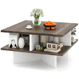 Gymax - 2-Tier Square Coffee Table w/ Storage Farmhouse Modern Accent Table Center Table - Walnut, White