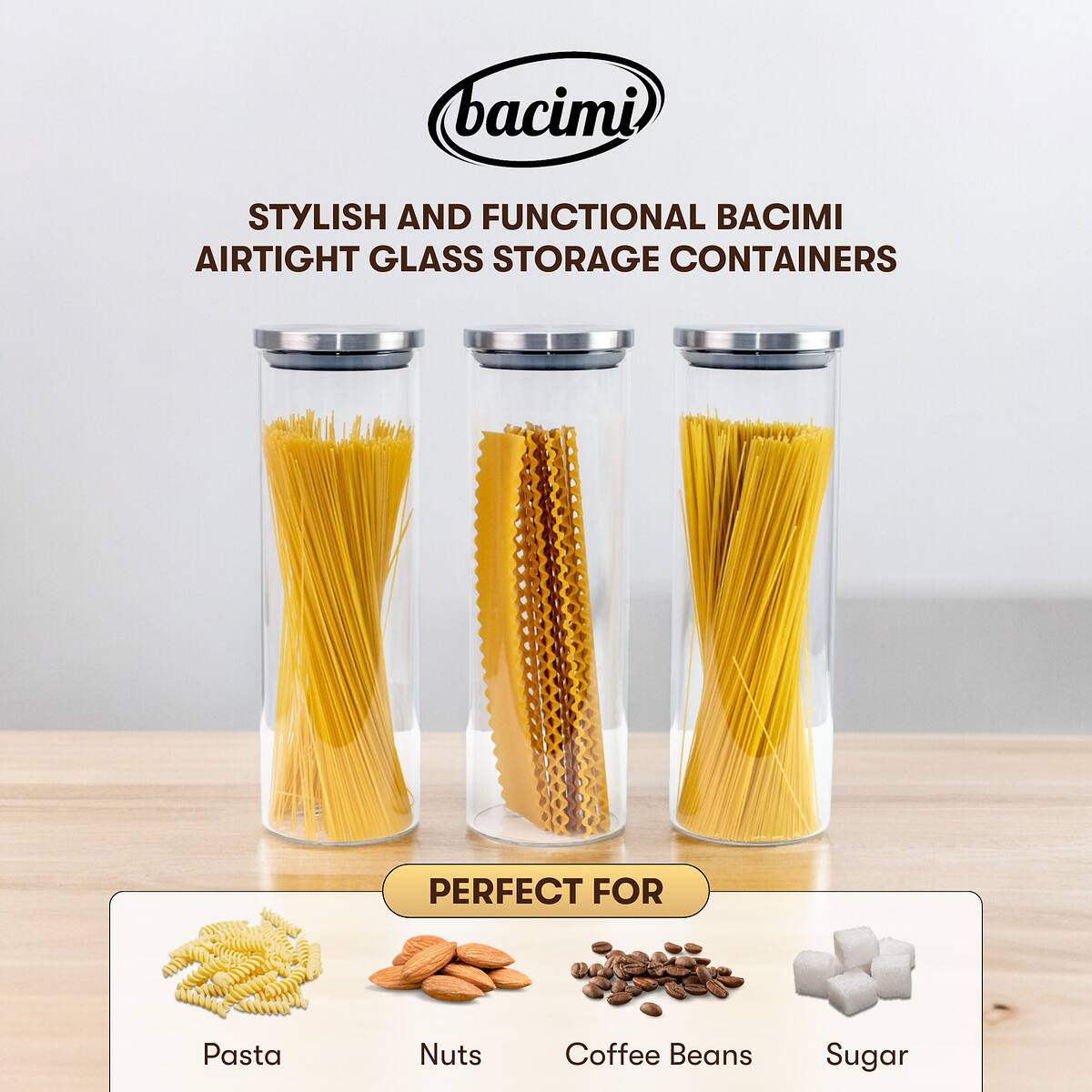 Bacimi Stylish and Functional Airtight Glass Storage Containers Perfect for Pasta, Nuts, Coffee Beans, Sugar