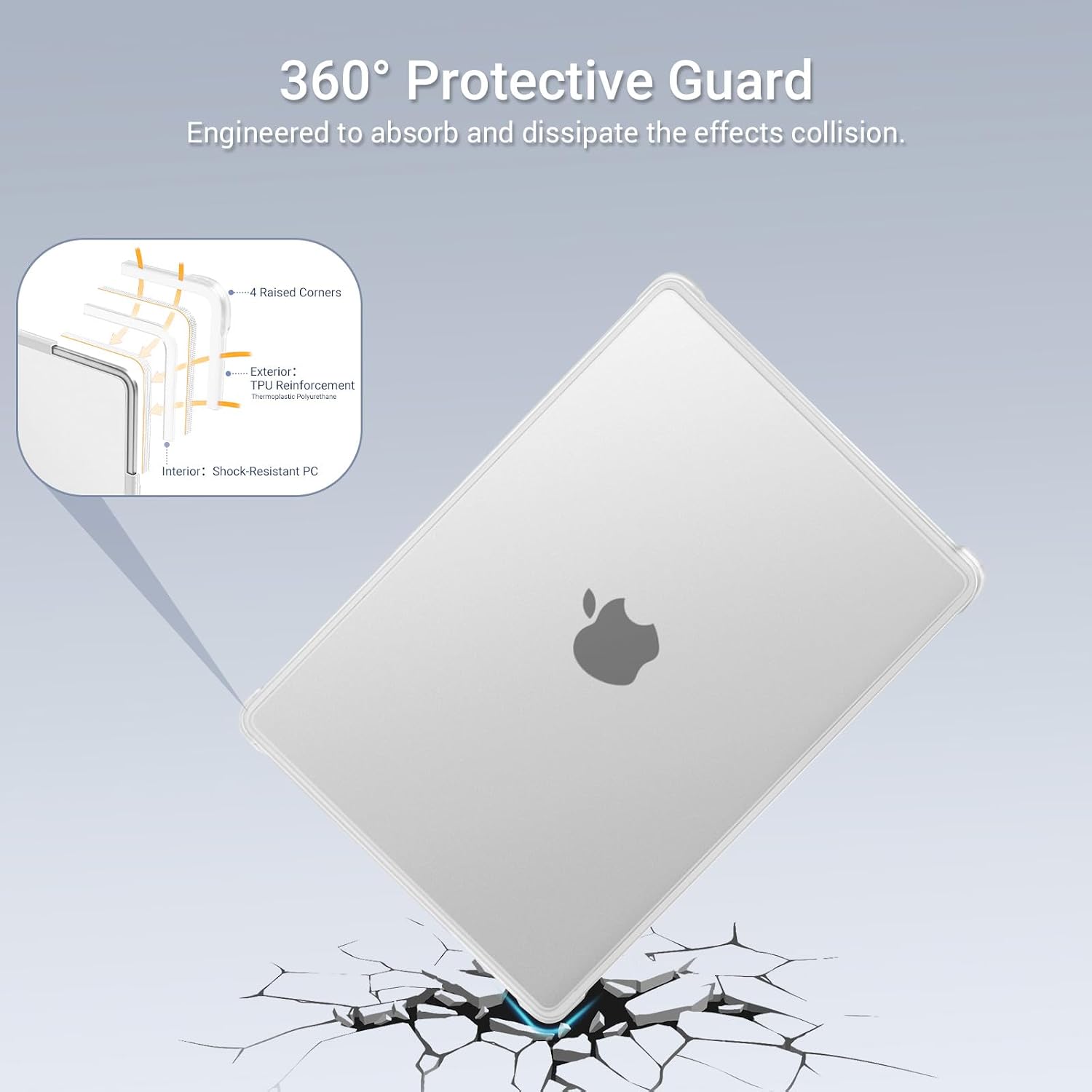 360° Protective Guard  
Engineered to absorb and dissipate the effects of collision.  

- 4 Raised Corners  
- Exterior: TPU Reinforcement  
- Interior: Shock-Resistant PC