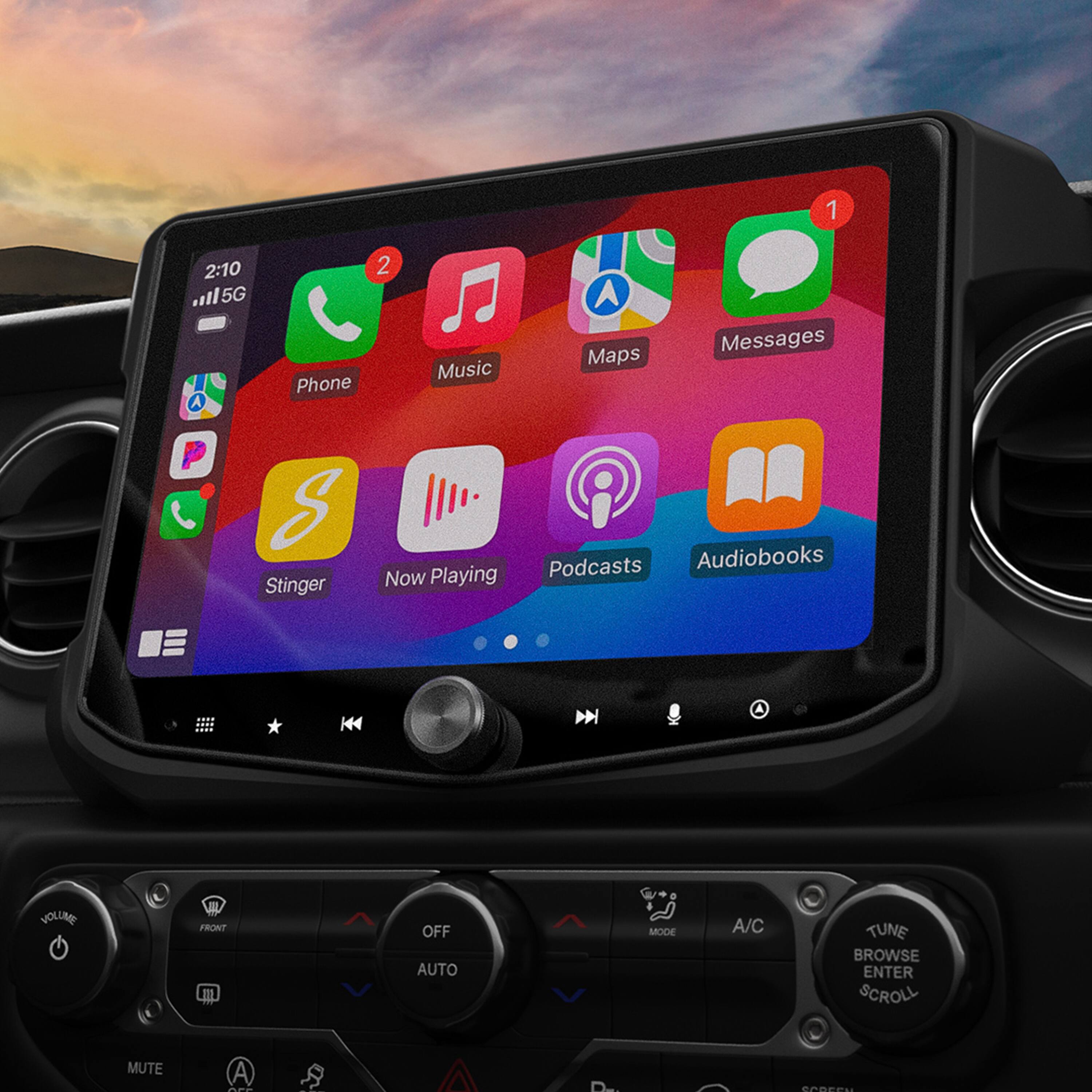 The text on the image is grouped and corrected as follows:

1. 2:10
2. 115G Phone
3. Music
4. Maps
5. Messages
6. Stinger
7. Now Playing
8. Podcasts
9. Audiobooks
10. A/C
11. Tune
12. Browse
13. Enter
14. Scroll
15. Mute

This revised text provides a clear and organized list of the various options available on the car's entertainment system.