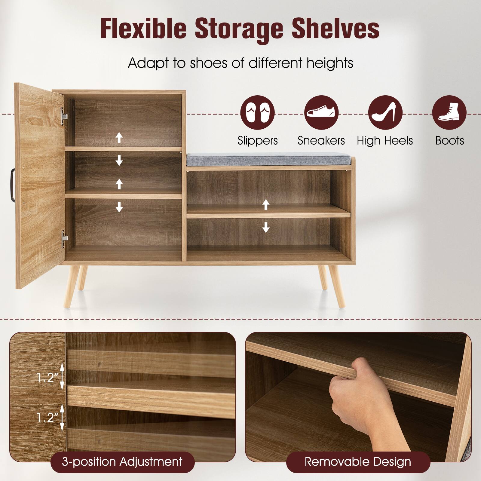 Flexible Storage Shelves, Adapt to shoes of different heights, Slippers, Sneakers, High Heels, Boots, 1.2", 1.2", 3-position Adjustment, Removable Design