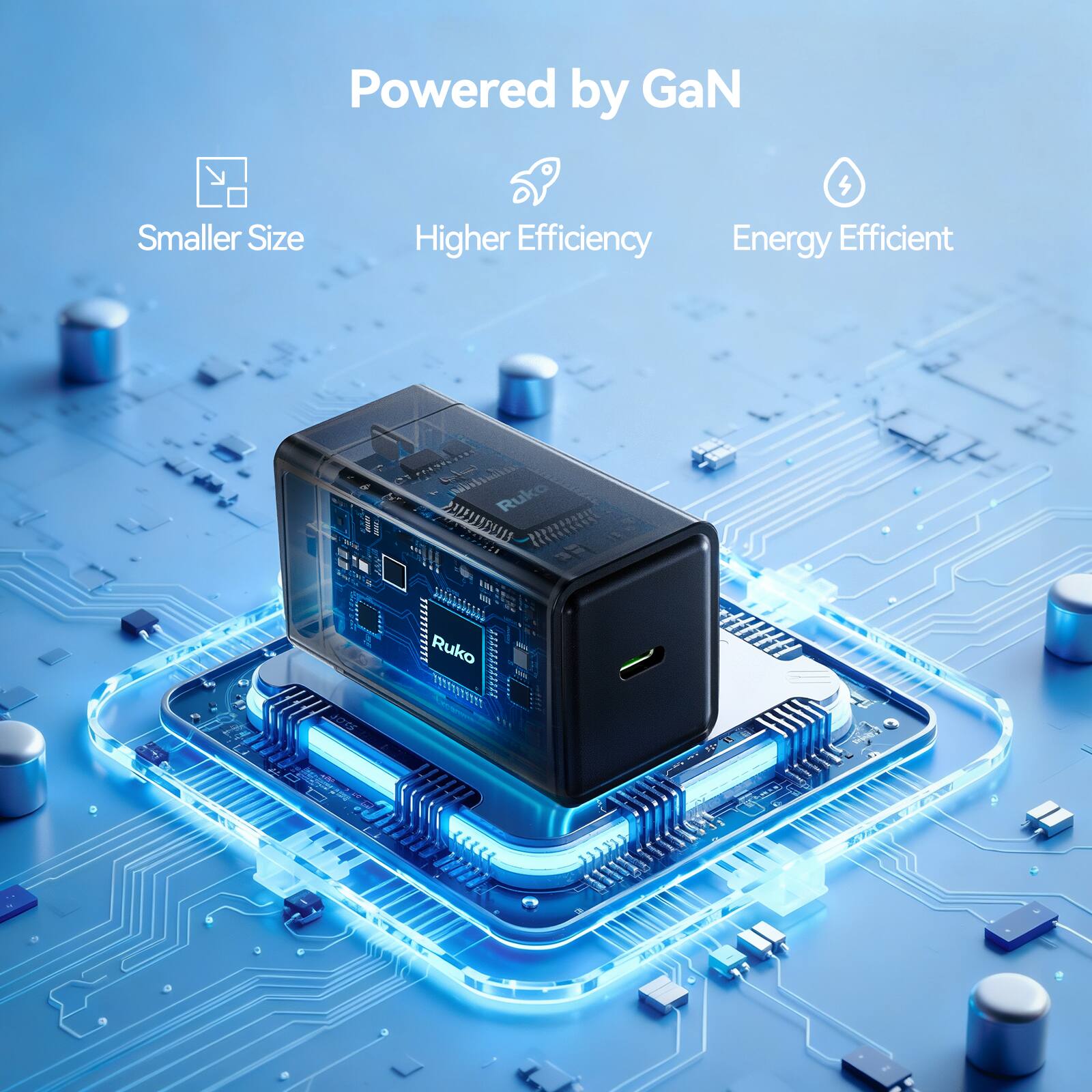 Powered by GaN  
Smaller Size  
Higher Efficiency  
Energy Efficient  

Ruko  
NUIIDUE  
1EFFIFT  
Ruko