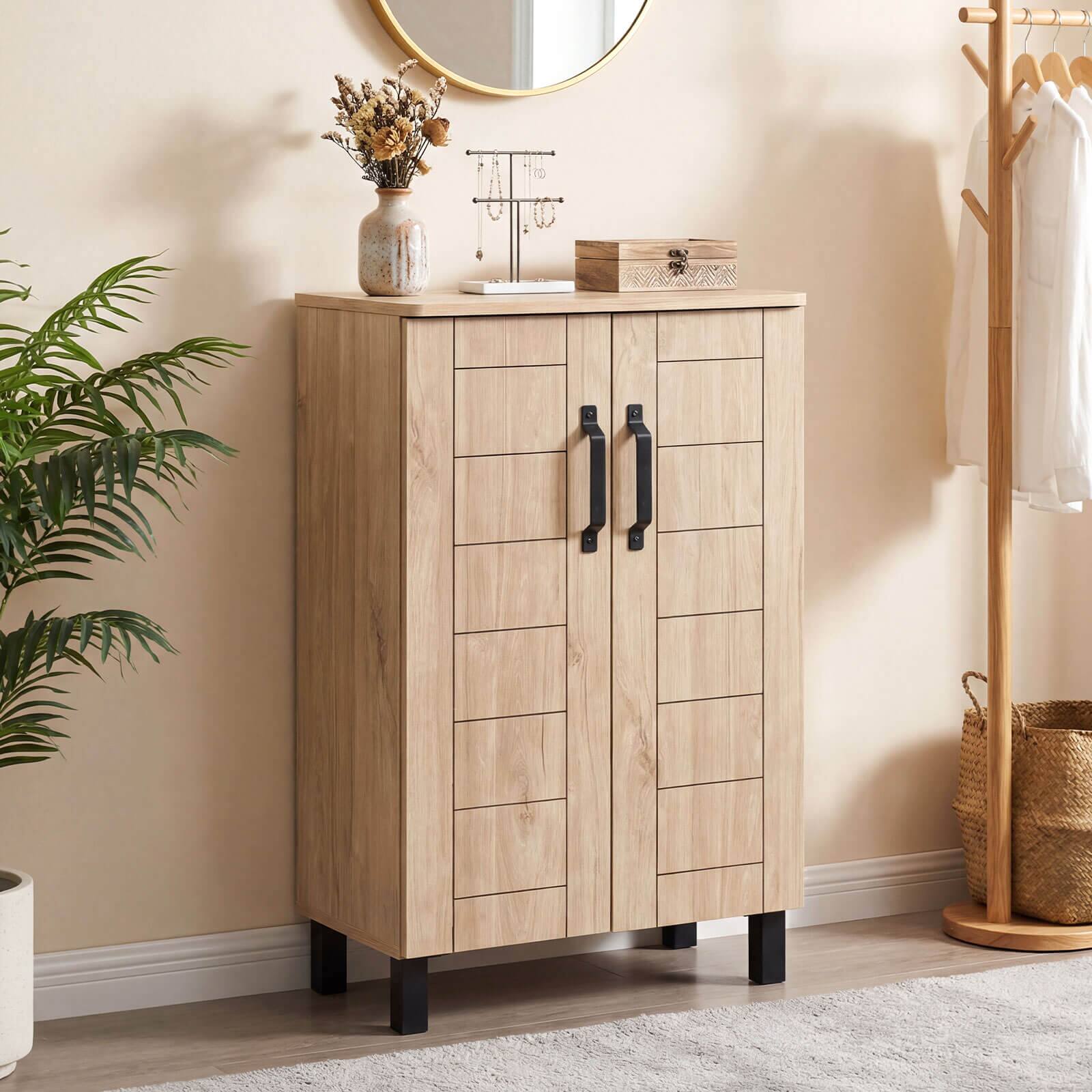 Alt View 4. Costway - Costway 5-Tier Shoe Storage Cabinet with 2 Doors, Removable Shelves & Ventilation Hole - Natural Oak.