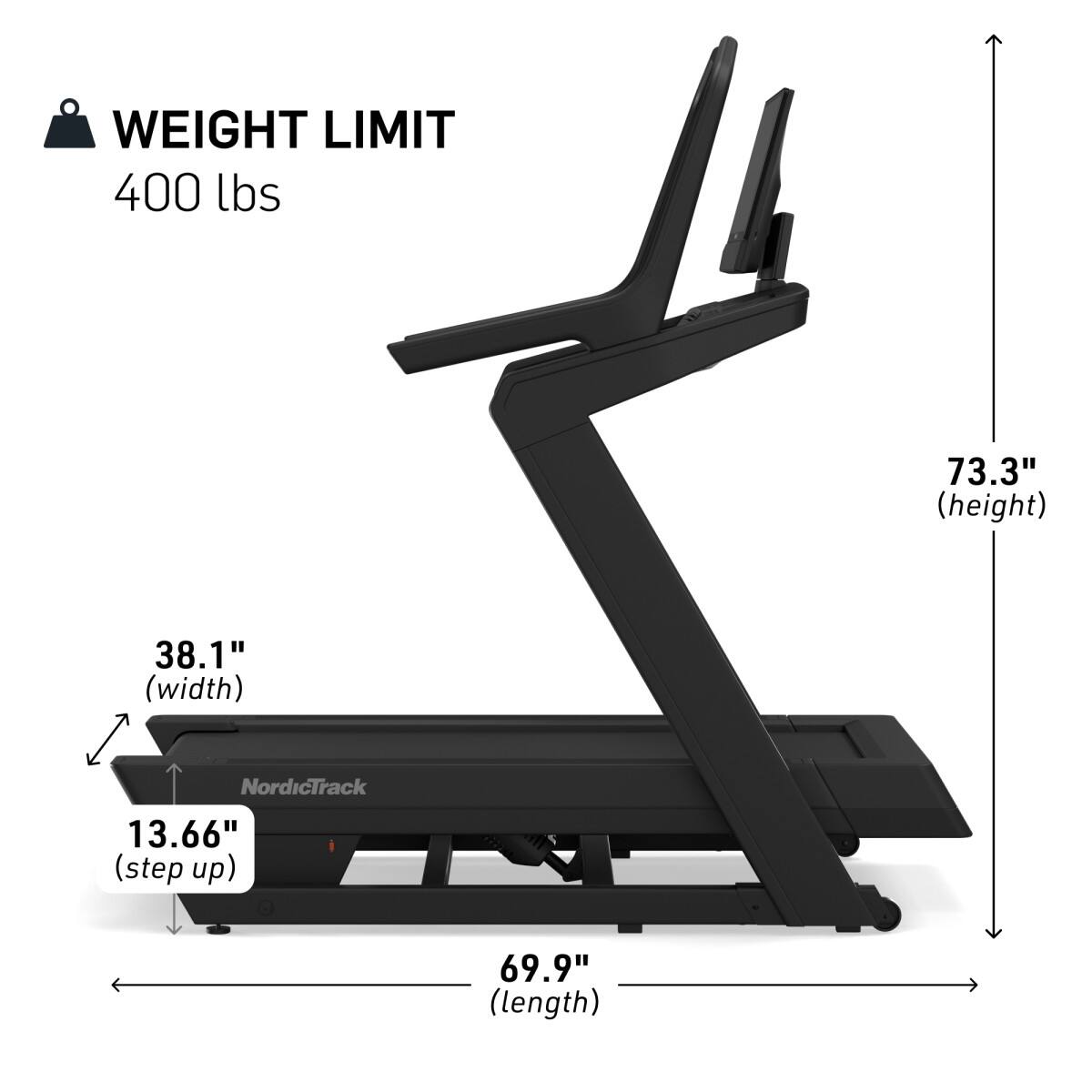- WEIGHT LIMIT: 400 lbs
- HEIGHT: 73.3"
- WIDTH: 38.1"
- STEP UP: 13.66"
- LENGTH: 69.9"