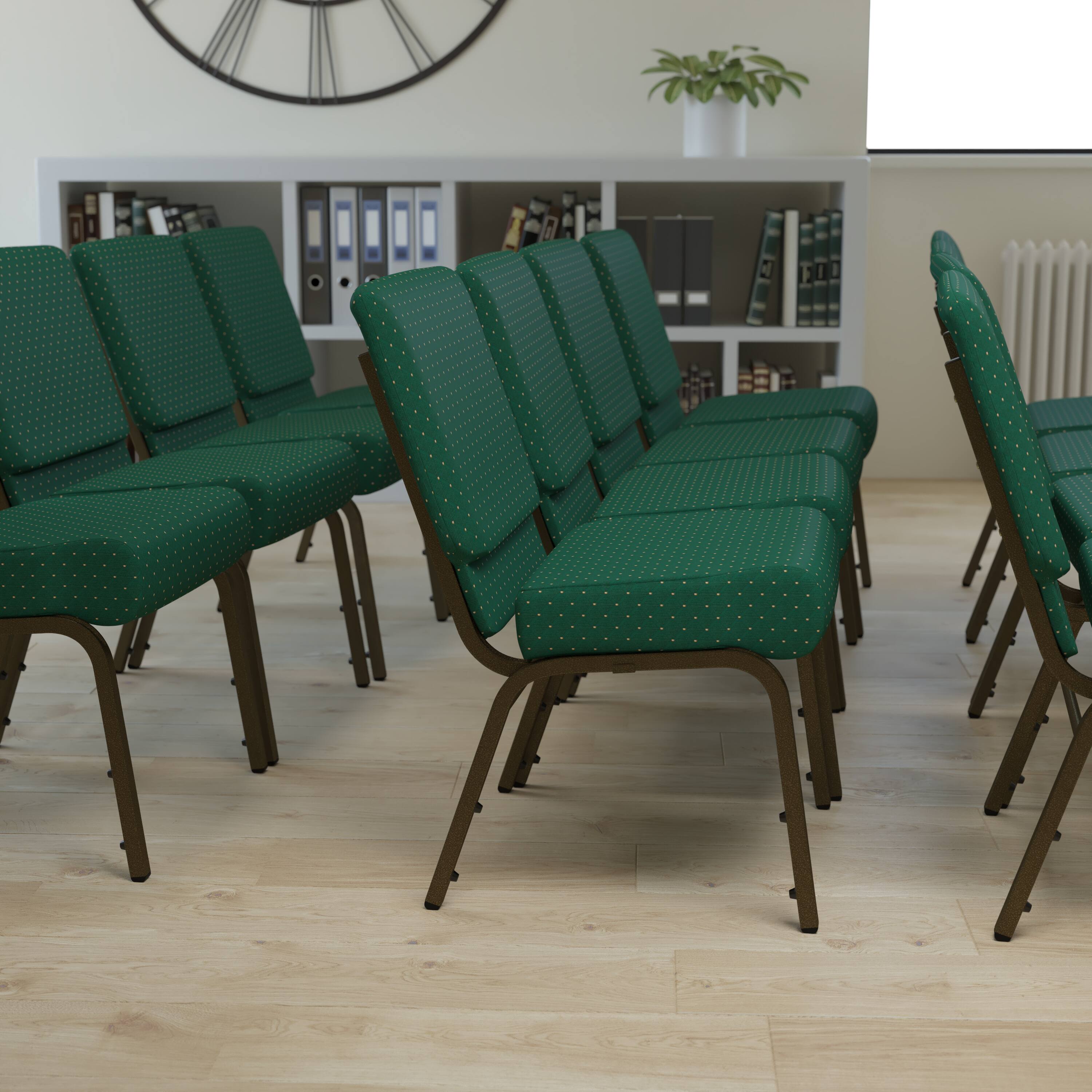 Alt View 1. Emma + Oliver - 21"W Stackable Church/Reception Guest Chair - Hunter Green Dot Patterned Fabric/Gold Vein Frame.