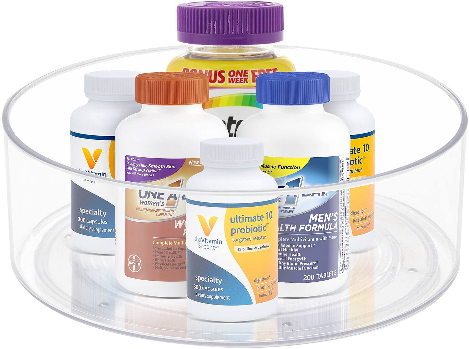 Sure, here is the corrected and grouped text from the image:

---

**US ONE FREE WEEK**

**New**  
**Vitamin Shoppe**  
**UNA women's**  
**MULTIVITAMIN/MULTIMINERAL**  
**300 capsules**  
**dietary supplement**  
**SUPPORTS**  
**Healthy Hair, Smooth Skin and Strong Nails**  
**Now with Biotin**  
**BAYER**

**ultimate 10**  
**probiotic**  
**targeted release**  
**13 billion organisms**  
**specialty**  
**300 capsules**  
**dietary supplement**  
**Formulated to Support:**  
**Heart Health**  
**Immune Health**  
**Bone Health**  
**Physical Energy**  
**Hair, Skin and Nail Health**  
**Muscle Function**  
**Blood Pressure**  
**Digestion**  
**Intestinal Health**  
**Immunity**

**MEN'S**  
**ULTIMATE FORMULA**  
**Complete Multivitamin with More**  
**200 TABLETS**  
**digestion**  
**intestinal health**  
**immunity**

**ate 10**  
**otc**