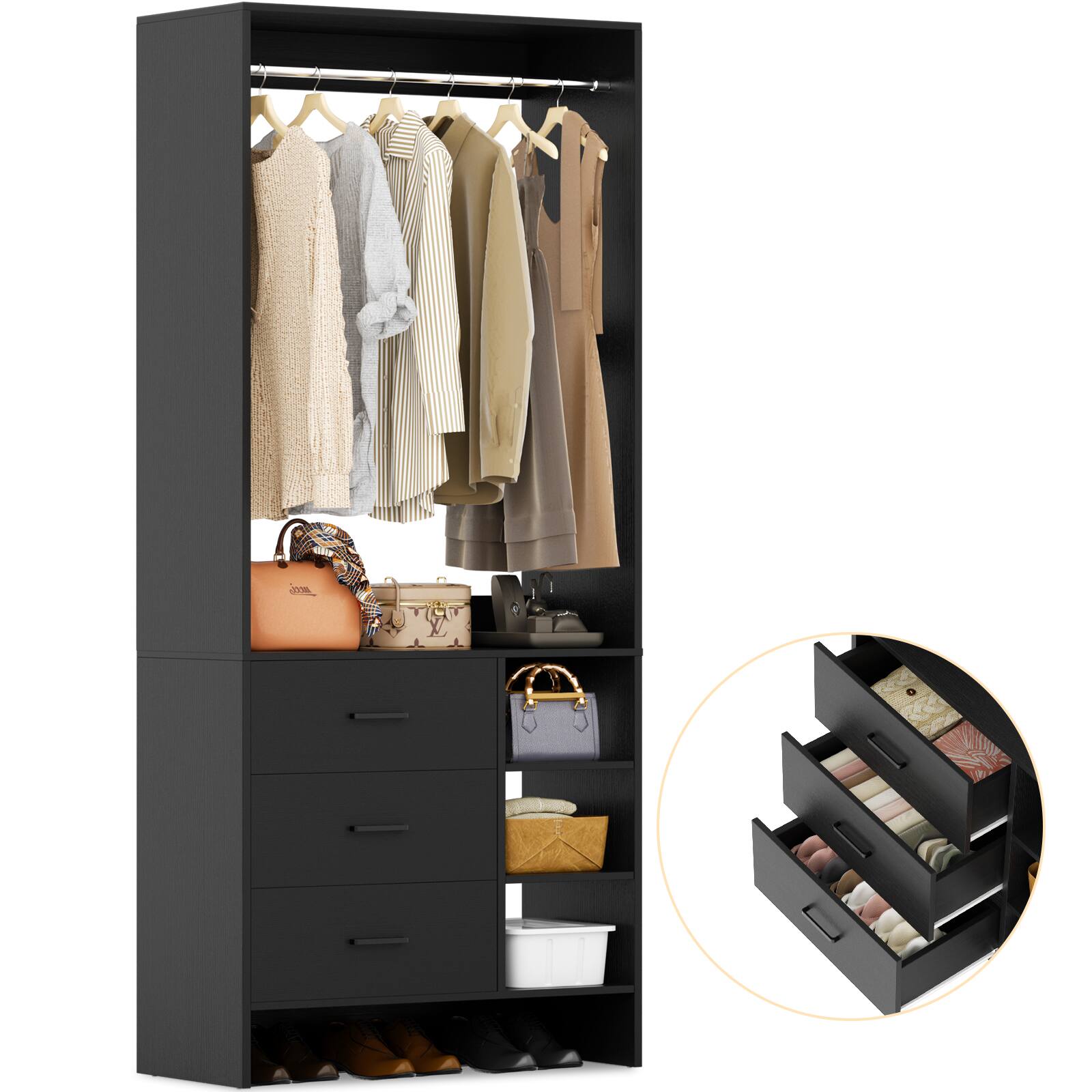 Alt View 1. Aheaplus - 2.5FT Closet System with 3 Drawers, 29.6'' Closet Organizer with Hanging Rod and Shelves - Black.