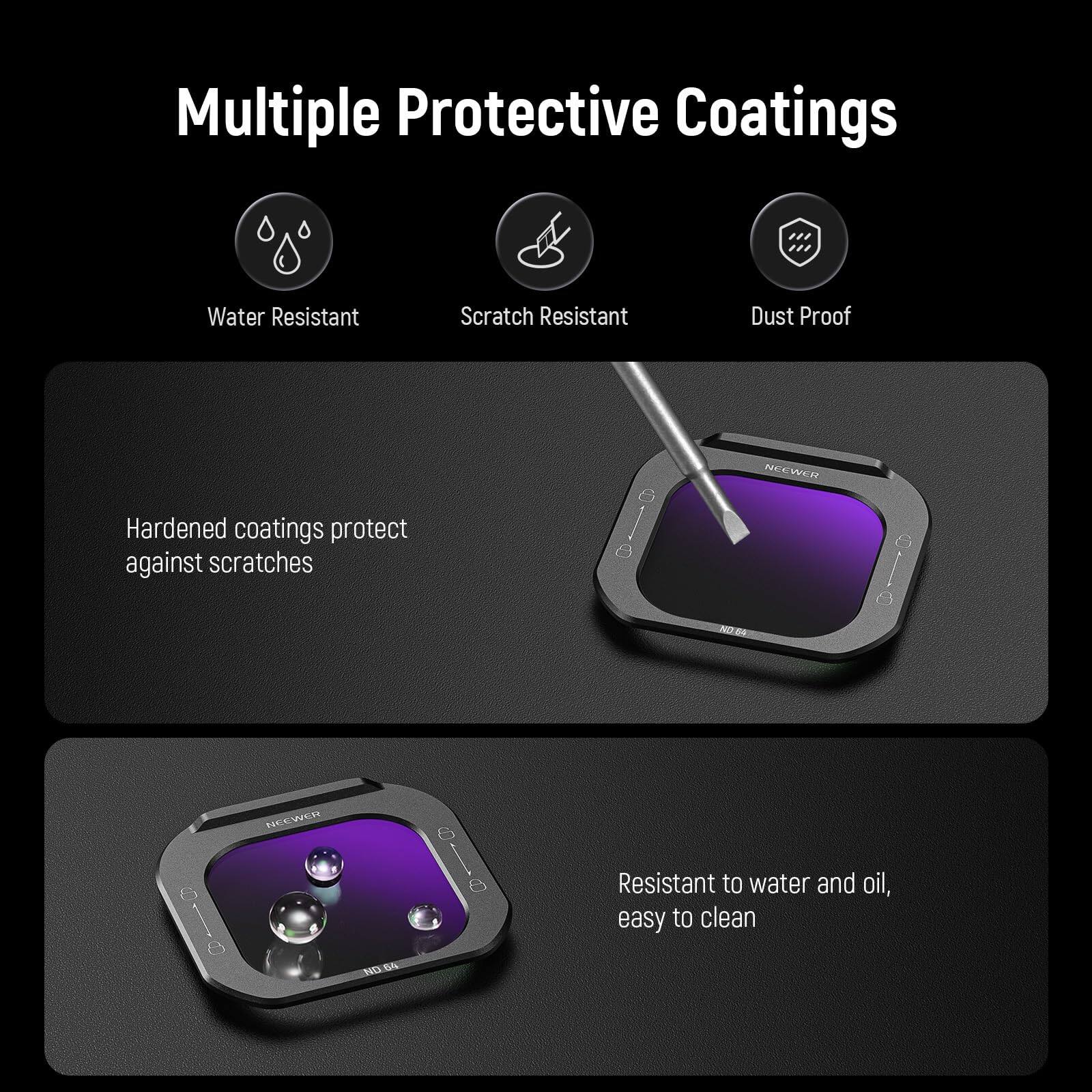 Multiple Protective Coatings

- Water Resistant
- Scratch Resistant
- Dust Proof

Hardened coatings protect against scratches

Resistant to water and oil, easy to clean