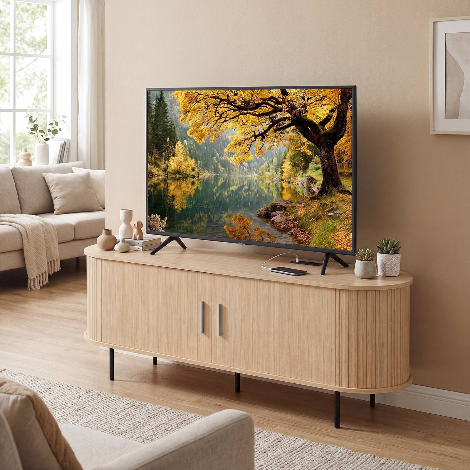 Alt View 3. Costway - Costway Fluted TV Stand for TVs up to 60", Mid Century Curved Entertainment Center - Natural.