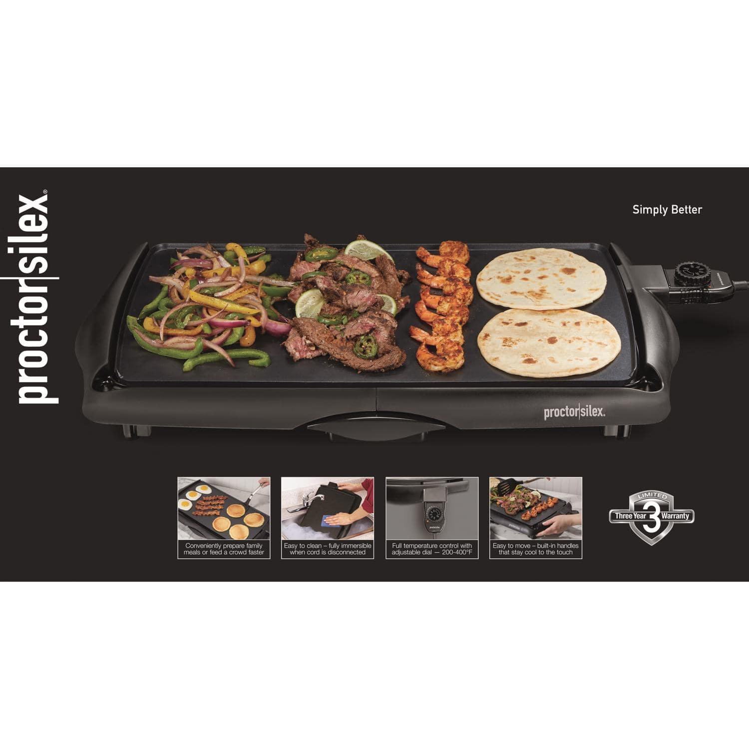 Proctor Silex - Plastic Nonstick Surface Electric Griddle 200 sq in - Black