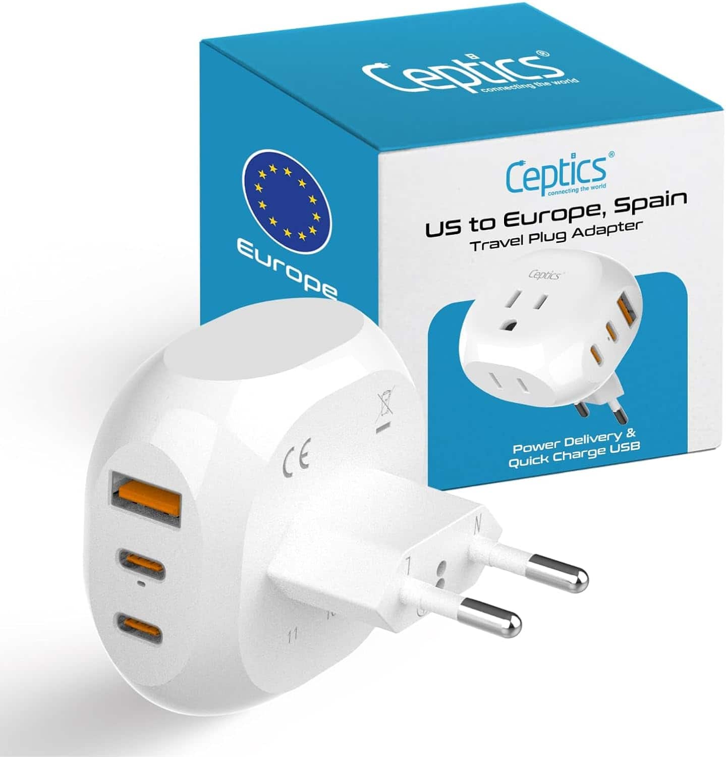 Ceptics - European Travel Plug Adapter - 5 Input with 20W PD-QC 3.1A Dual USB-C and USB - Light Weight - White price history on PriceWatchPro