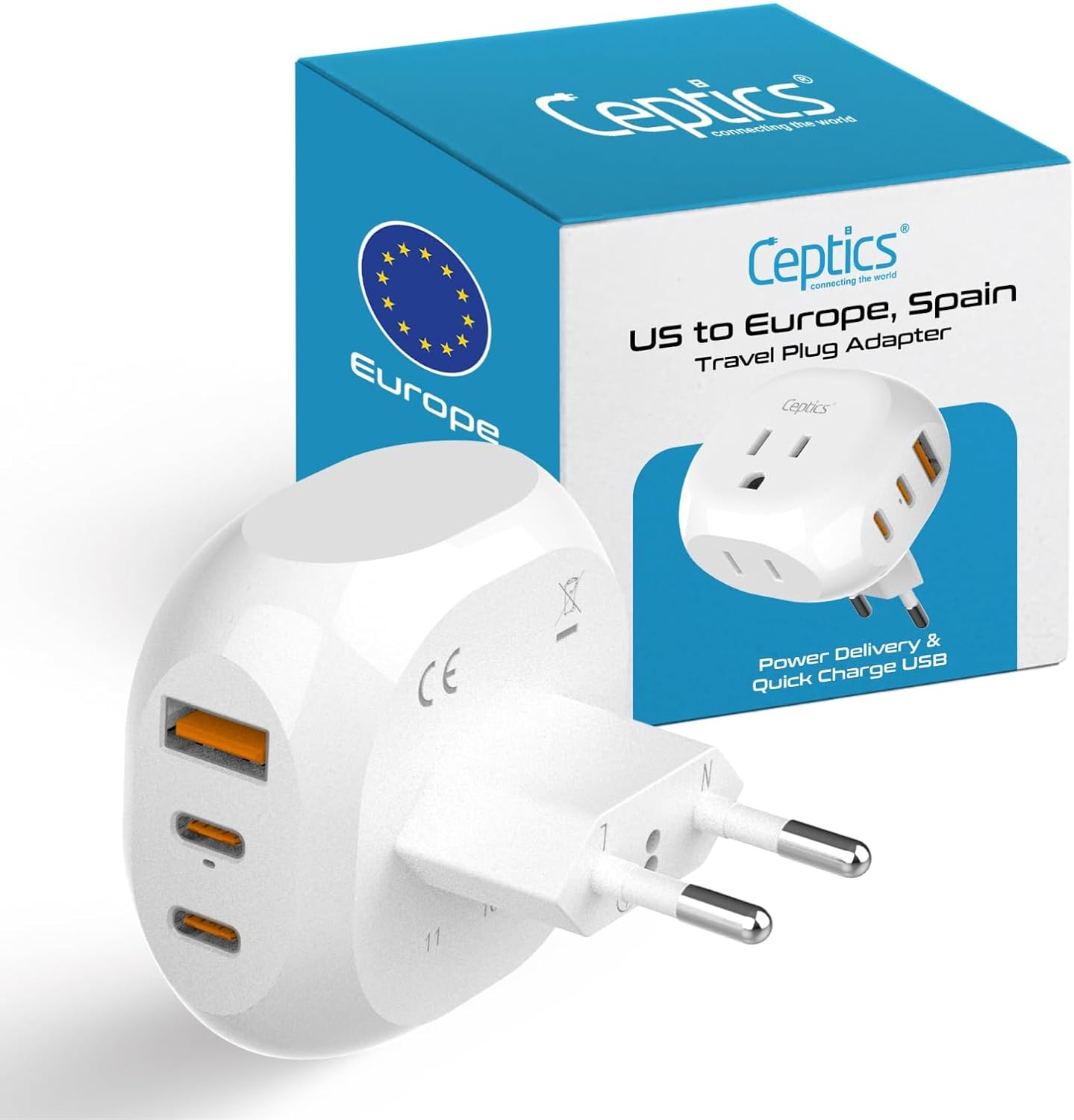Ceptics - European Travel Plug Adapter - 5 Input with 20W PD-QC 3.1A Dual USB-C and USB - Light Weight - White