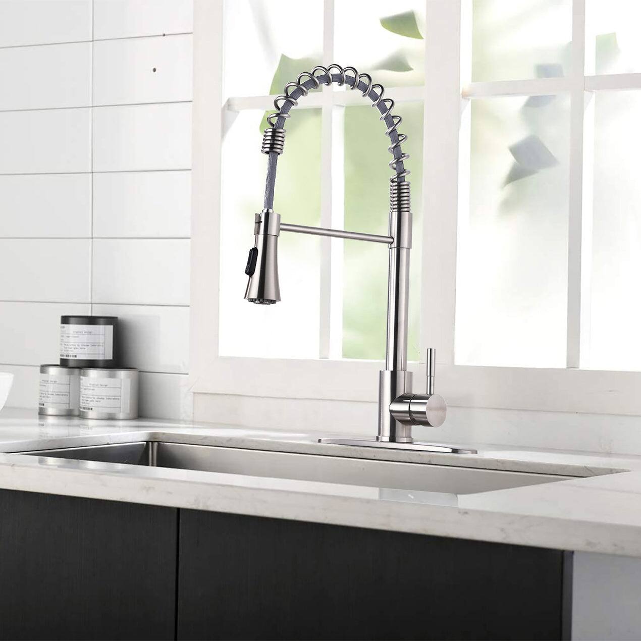 Alt View 3. Boyel Living - Silver Single Handle Pull Down Sprayer Kitchen Faucet with Deck Plate - Brushed Nickel.