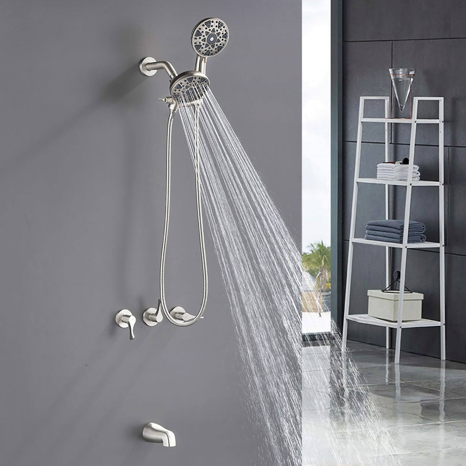 Alt View 3. Boyel Living - Brushed Nickel Shower Set with Triple Handle Control 6 Function Dual Shower Heads and High Flow Tub Spout - Brushed Nickel.
