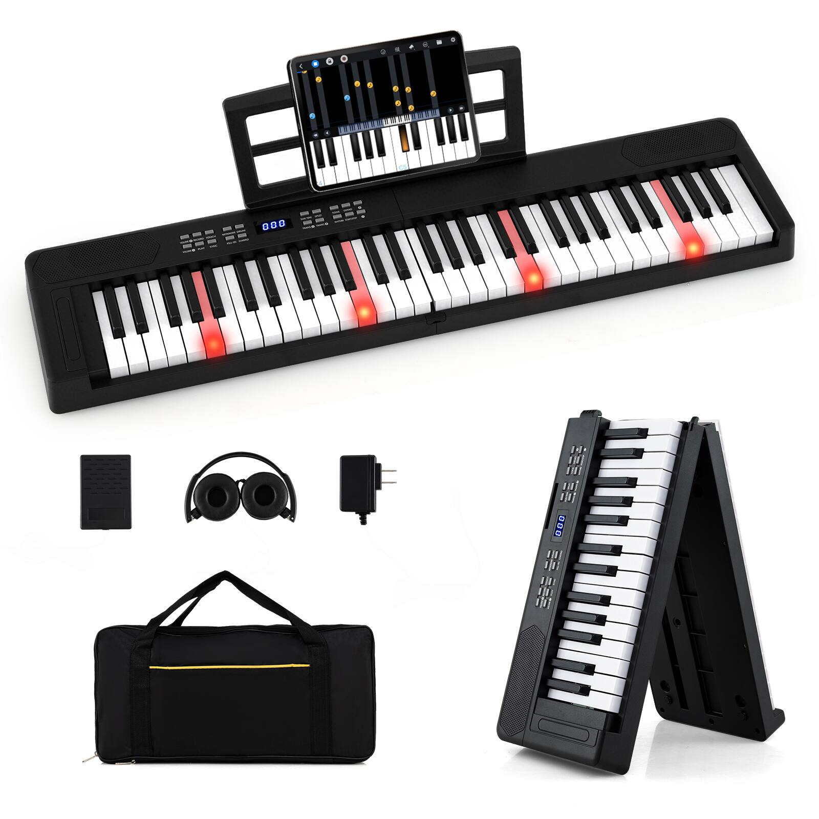 Front. Gymax - Gymax 61-Key Foldable Piano Keyboard w/MIDI Split Function Headphone Sustain Pedal Black - Black.