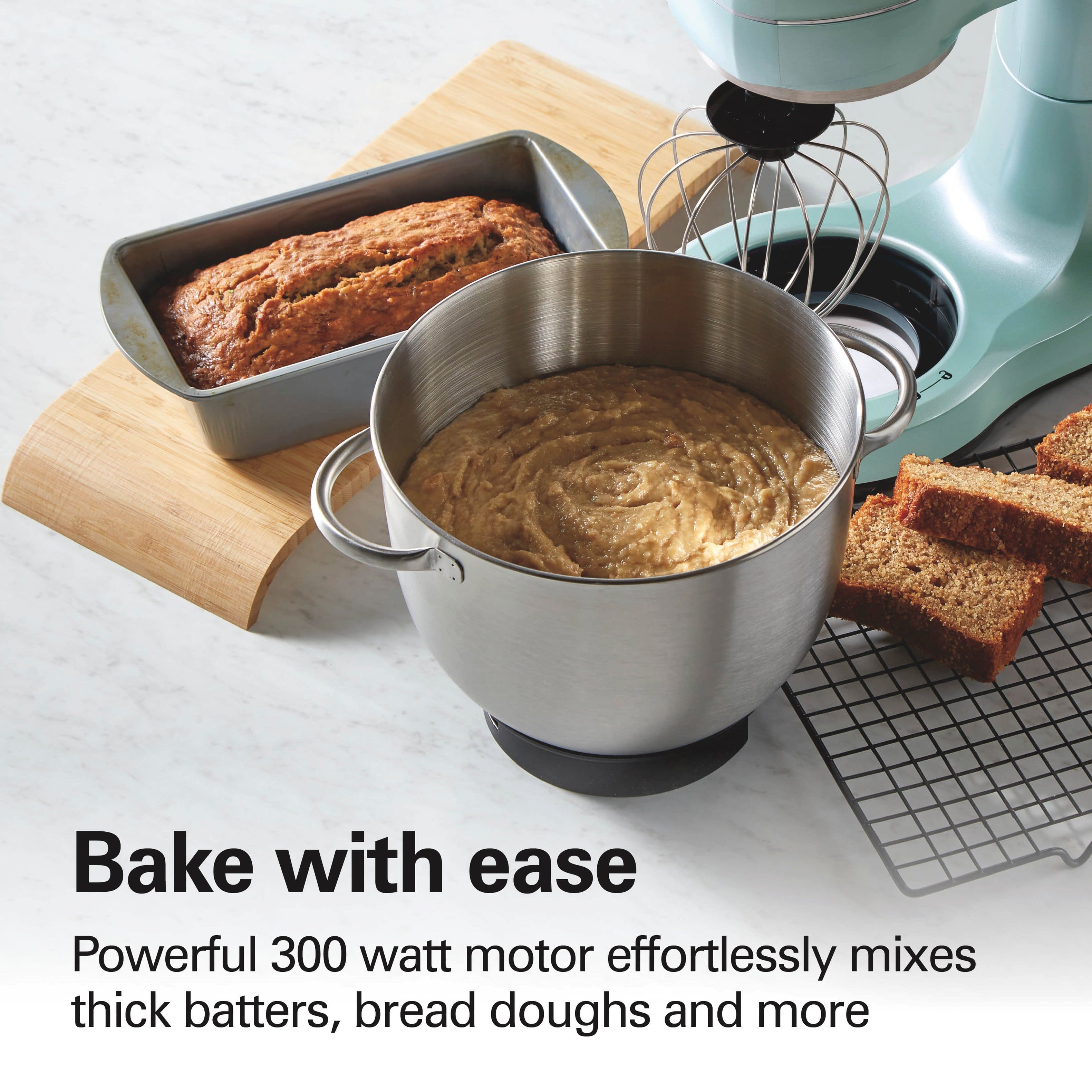 Bake with ease
Powerful 300 watt motor effortlessly mixes thick batters, bread doughs and more