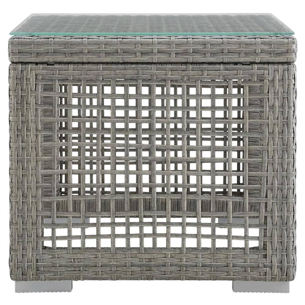Back. Outdoor Escape - Wicker Rattan Outdoor Side Table in Neutral Finish with Weather-Resistant Design - Gray.
