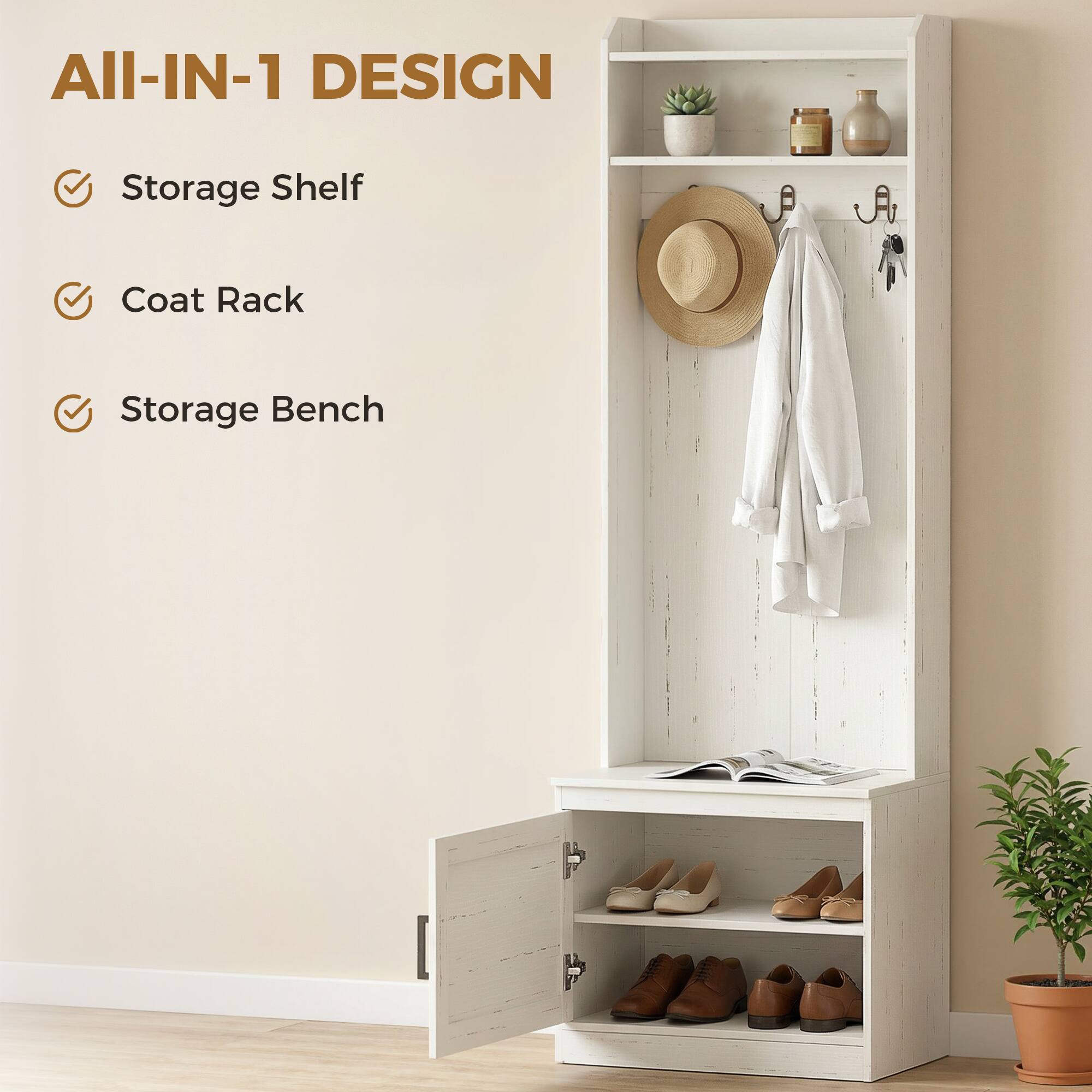 All-IN-1 DESIGN

- Storage Shelf
- Coat Rack
- Storage Bench