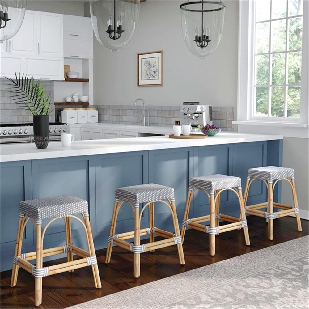 Angle. Butler Specialty - Robias Rectangular Rattan 24.5" Counter Stool - White And Gray Dot.