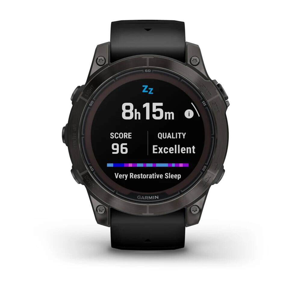 60 UP MENU LIGHT 50 Zz E 8h 15m i SCORE QUALITY 96 Excellent 40 DOWN Very Restorative Sleep GARMIN 20

Corrected text:
- 60 UP MENU LIGHT 50
- Zz
- 8h 15m
- SCORE 96
- QUALITY Excellent
- Very Restorative Sleep
- GARMIN