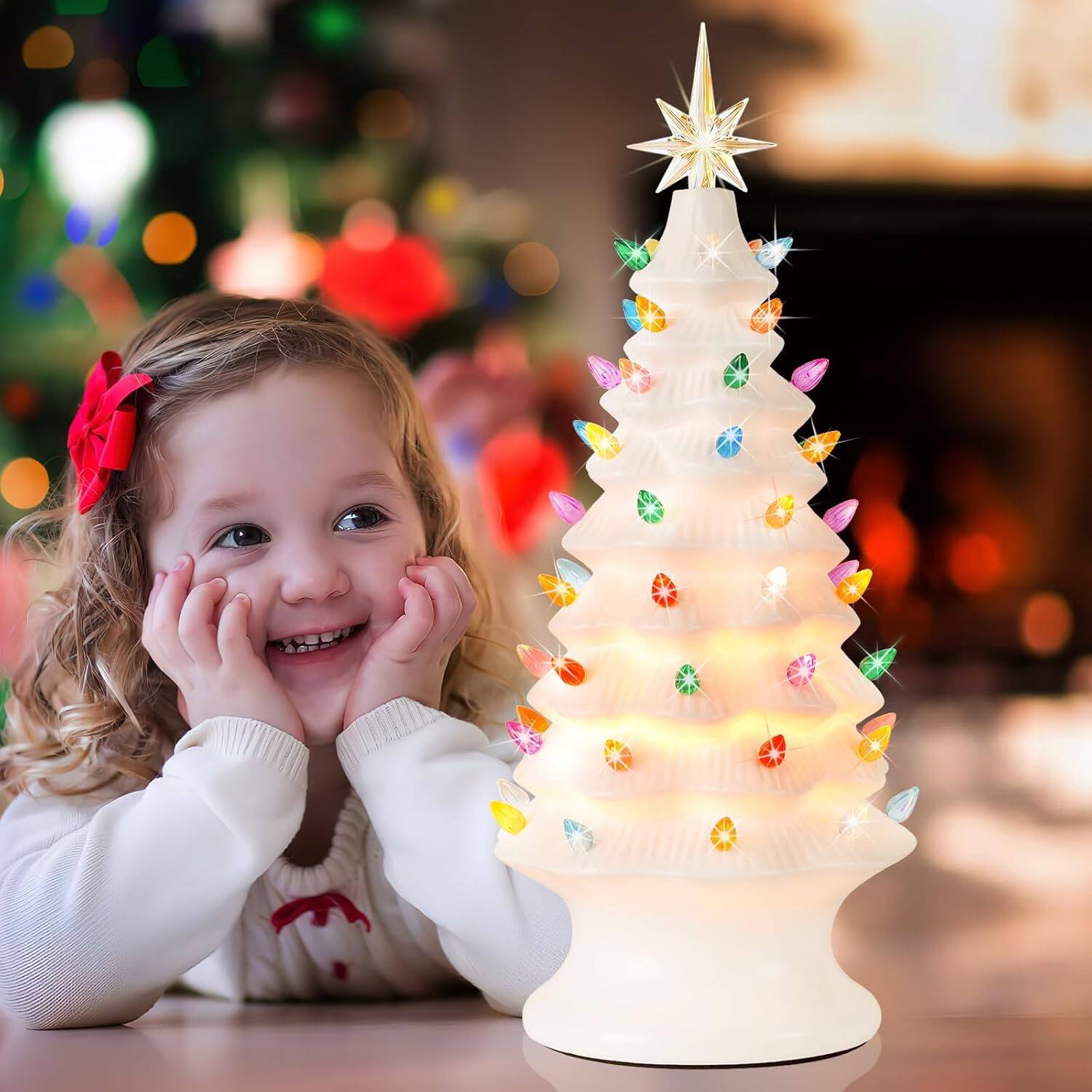 Alt View 2. Nordic Hygge - 16.5-Inch Hand-Painted Resin Christmas Tree with Lights with Multicolored LED Bulbs White - White.