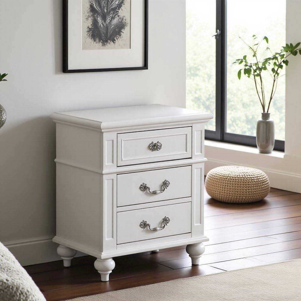 Angle. FurniFact - Elegant White Nightstand with Three Drawers for Bedroom Storage - White.
