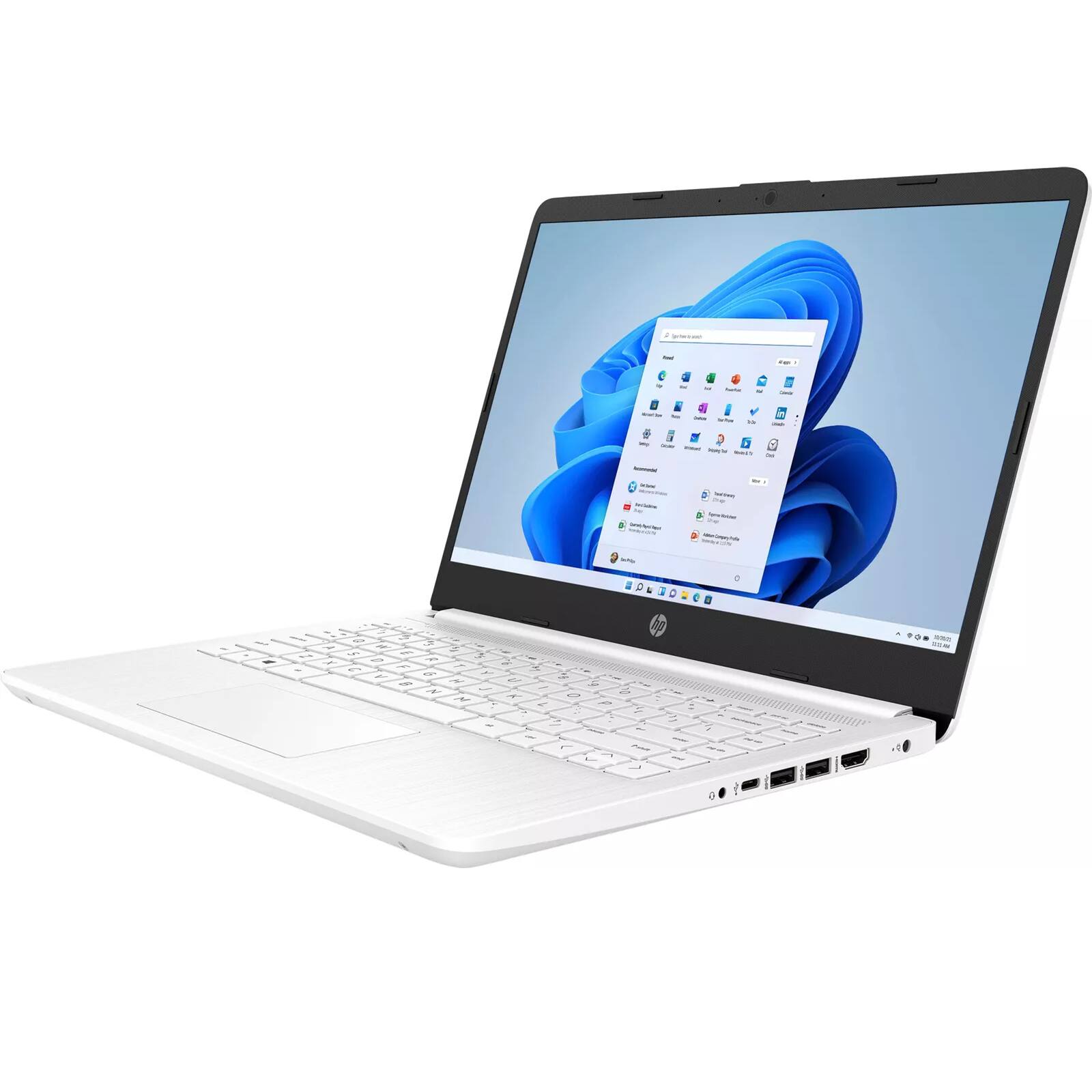 Alt View 1. HP - HP 14" HD Laptop - Intel Celeron N4120 - 4GB RAM - 64GB eMMC + 128GB SD Card - Windows 11 Pro - Snowflake White - Snowflake White.
