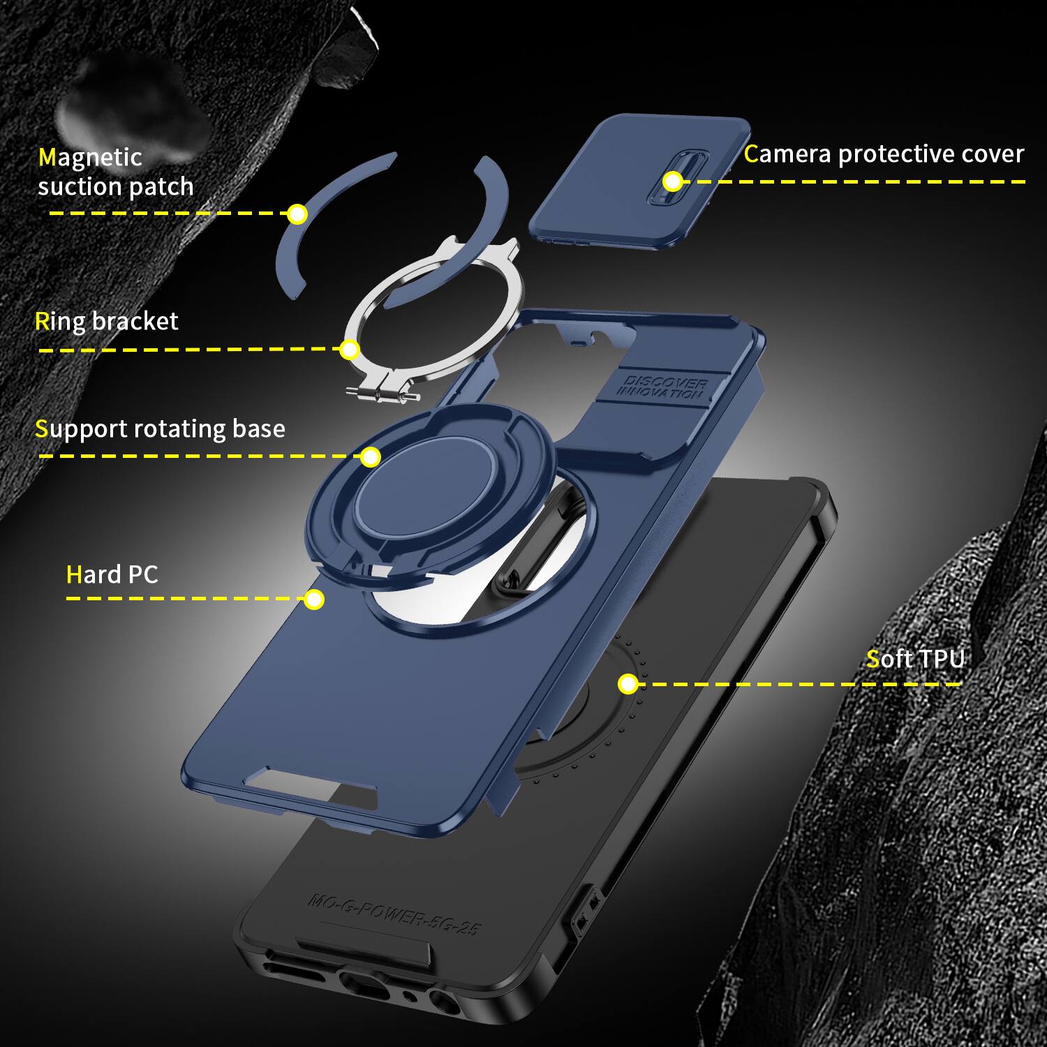 Magnetic suction patch  
Camera protective cover  
Ring bracket  
Support rotating base  
DISCOVER INNOVATION  
Hard PC  
Soft TPU  
MO-G-POWER-5G-25