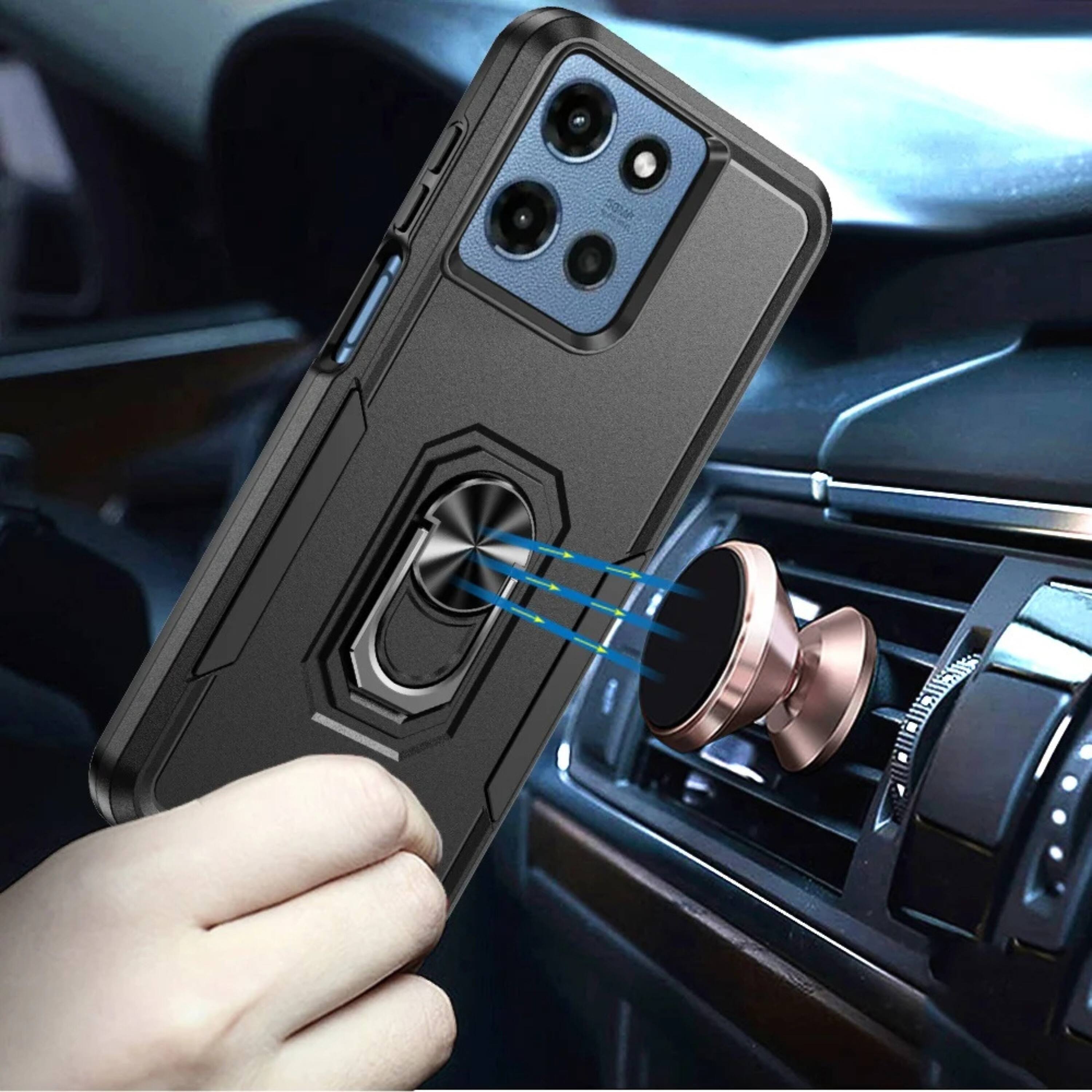 Angle. Kitcheniva - Hard Outer Shell Soft Inner Rubber Phone Case With Metal Ring Stand Tempered Glass For Moto G 2025/2026/G Play 2026 Blac - Black.