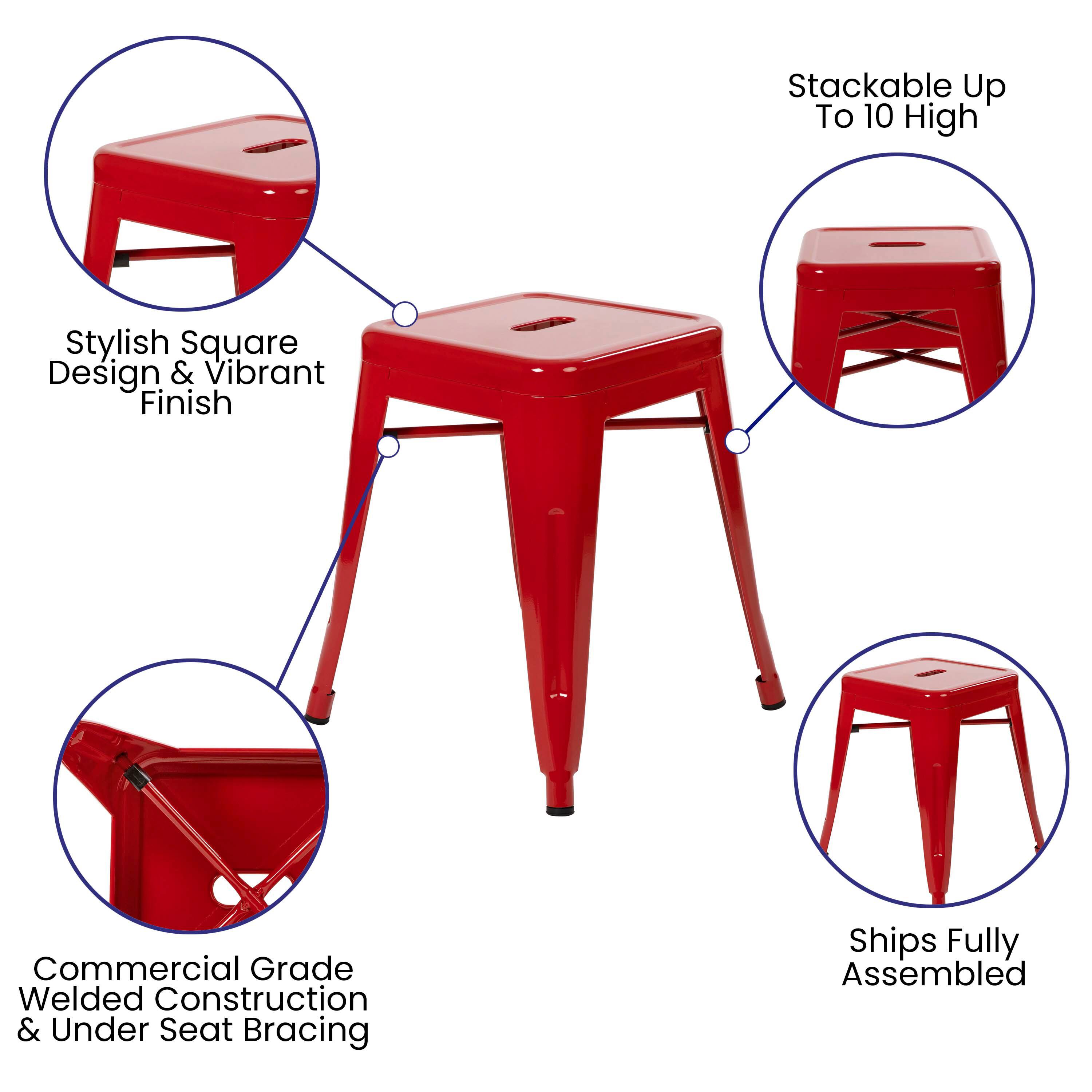Stackable Up To 10 High  
Stylish Square Design & Vibrant Finish  
Commercial Grade Welded Construction & Under Seat Bracing  
Ships Fully Assembled