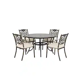 Mondawe - 5-Piece Outdoor Patio Dining Set with Round Umbrella Hole Table and Cast Aluminum Chairs with Cushions - Bronze+White
