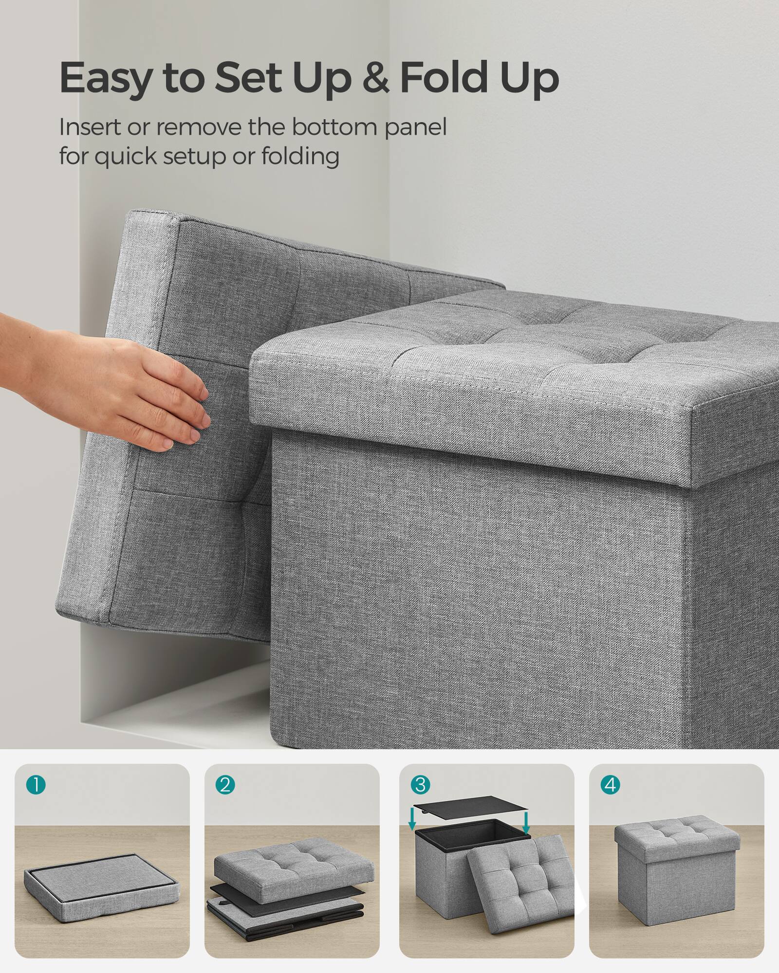 Easy to Set Up & Fold Up

Insert or remove the bottom panel for quick setup or folding

1. [Image of a flat panel]
2. [Image of a folded panel]
3. [Image of a partially assembled piece]
4. [Image of a fully assembled piece]
