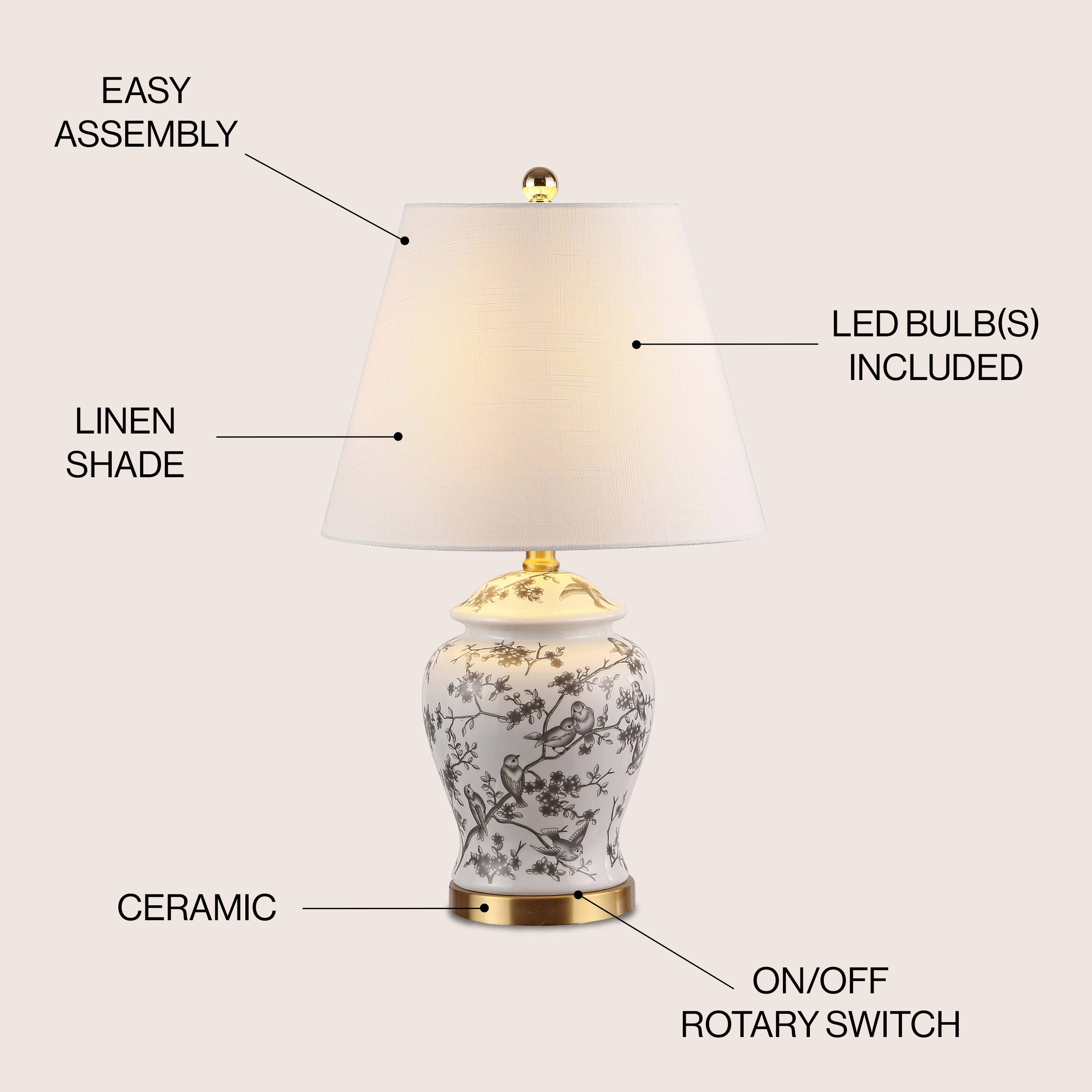 EASY ASSEMBLY LINEN SHADE LED BULB(S) INCLUDED CERAMIC ON/OFF ROTARY SWITCH