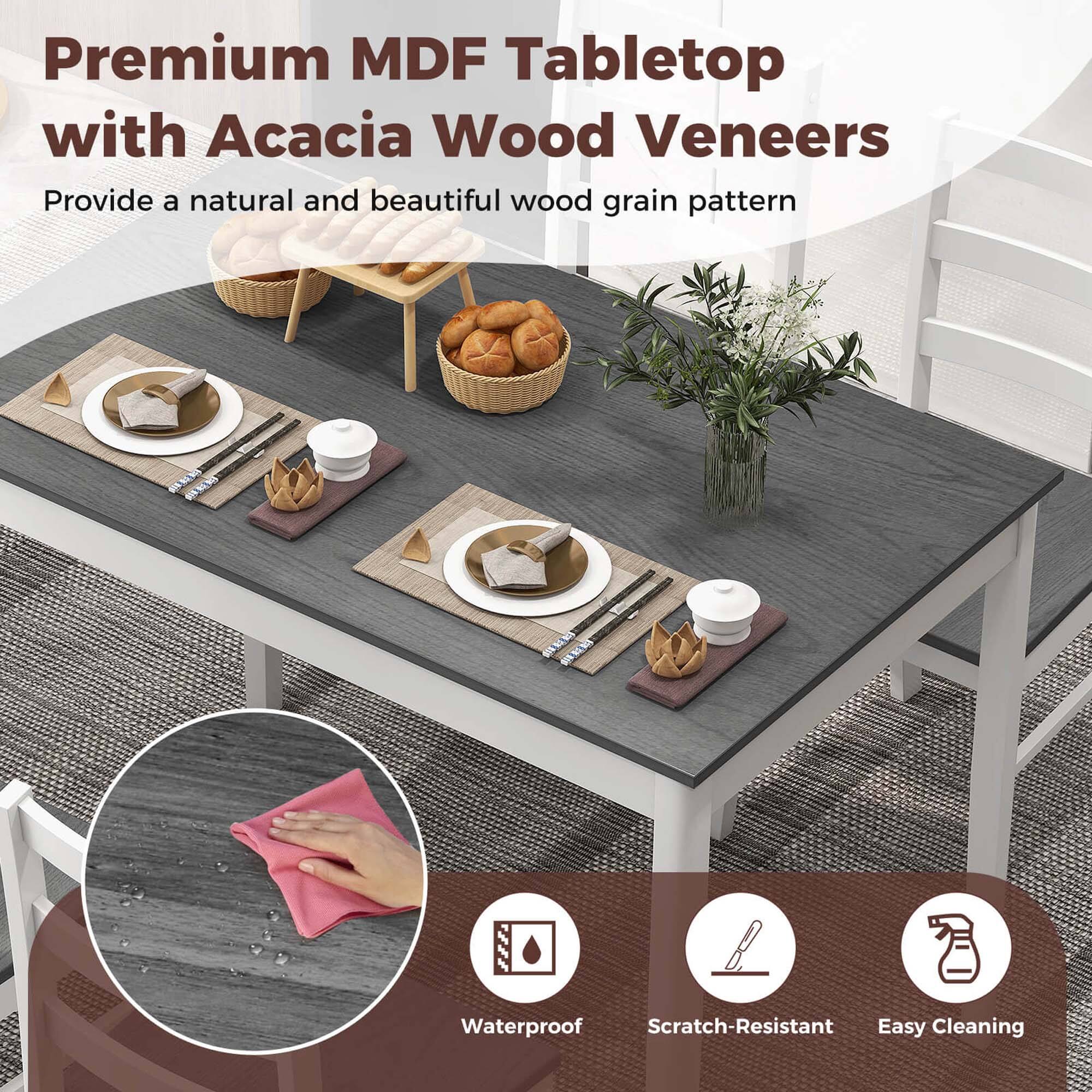 Premium MDF Tabletop with Acacia Wood Veneers: Provide a natural and beautiful wood grain pattern. Waterproof, scratch-resistant, and easy cleaning.