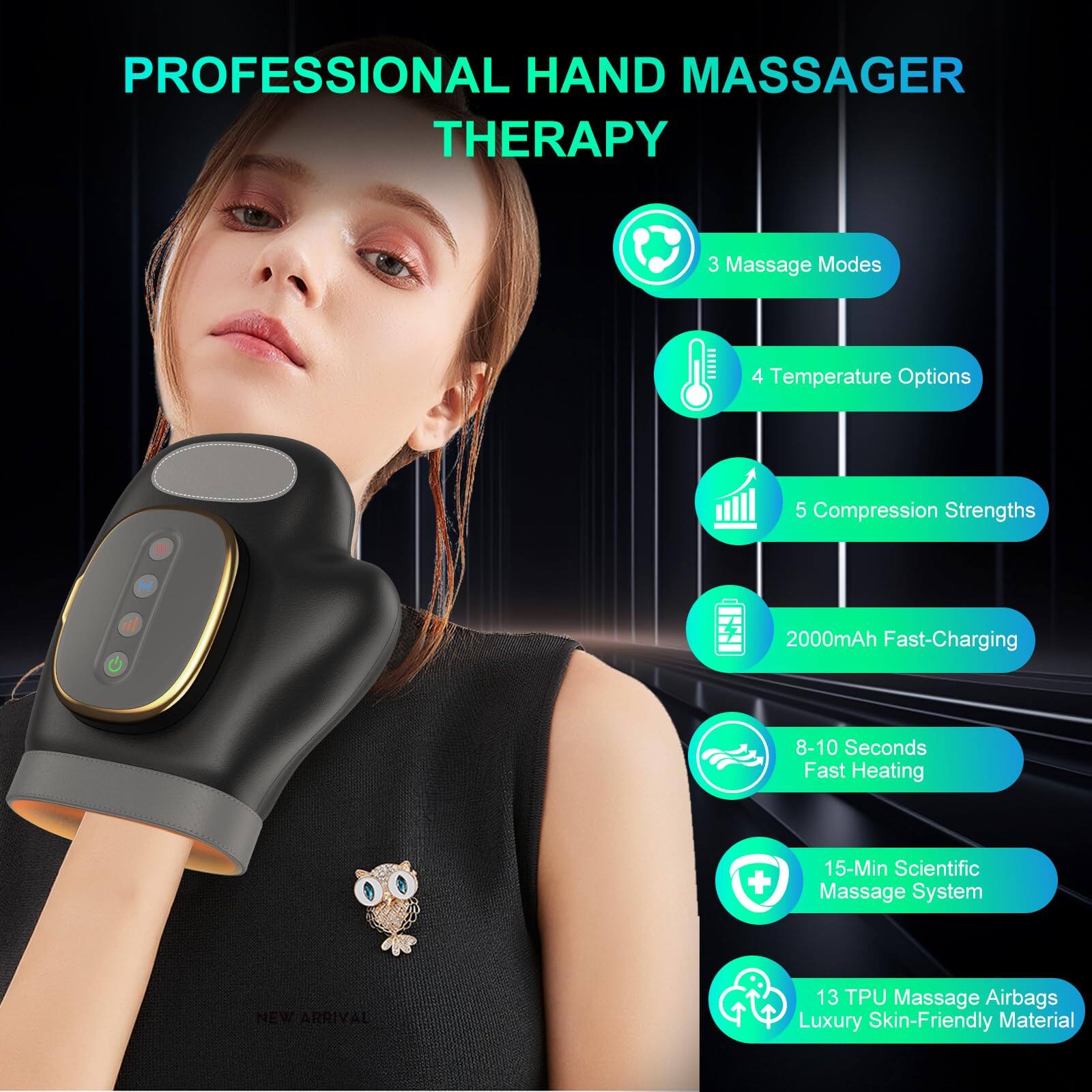 **PROFESSIONAL HAND MASSAGER THERAPY**

- 3 Massage Modes
- 4 Temperature Options
- 5 Compression Strengths
- 2000mAh Fast-Charging
- 8-10 Seconds Fast Heating
- 15-Min Scientific Massage System
- 13 TPU Massage Airbags
- Luxury Skin-Friendly Material

**NEW ARRIVAL**
