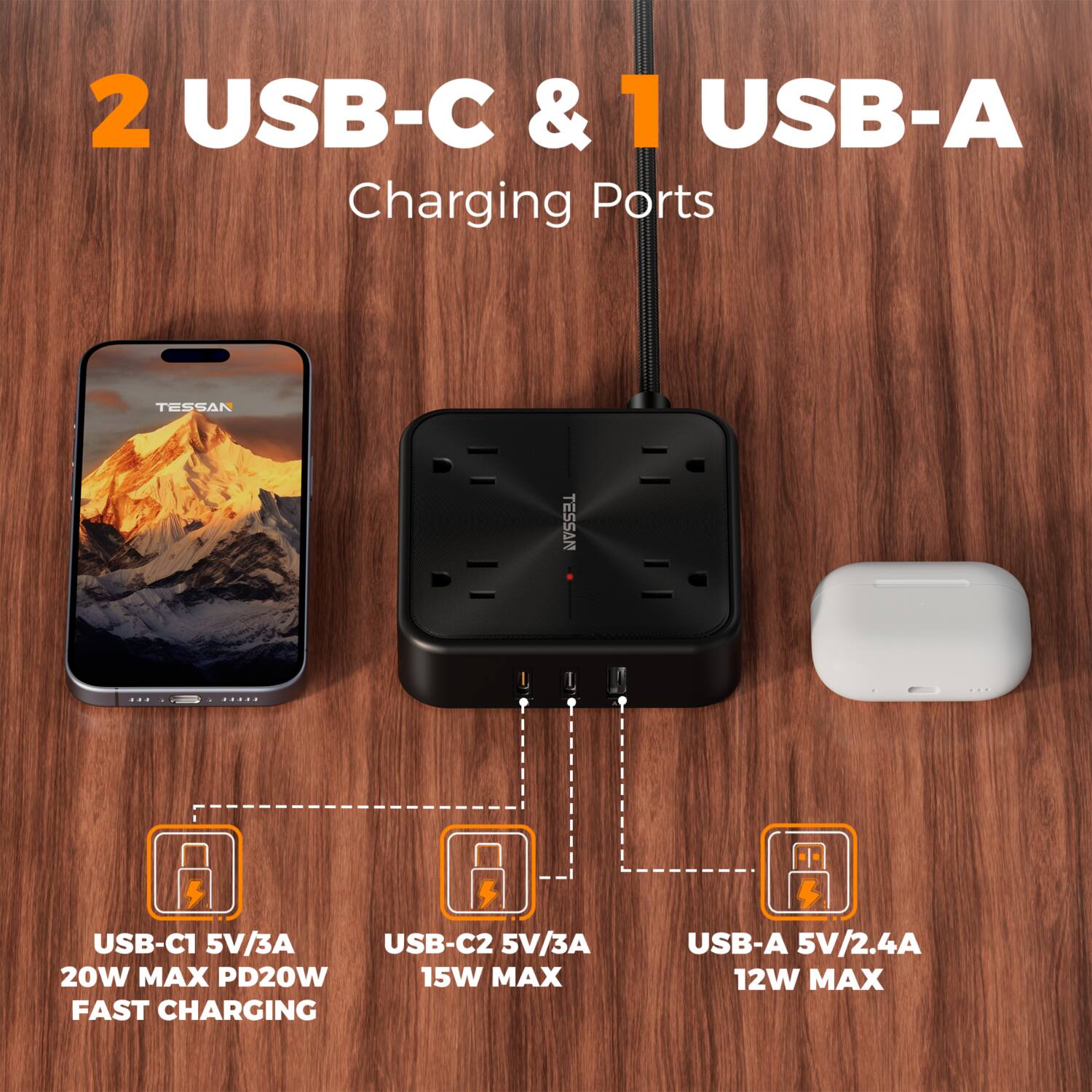 2 USB-C & 1 USB-A Charging Ports

TESSAN

USB-C1 5V/3A 20W MAX PD20W FAST CHARGING

USB-C2 5V/3A 15W MAX

USB-A 5V/2.4A 12W MAX