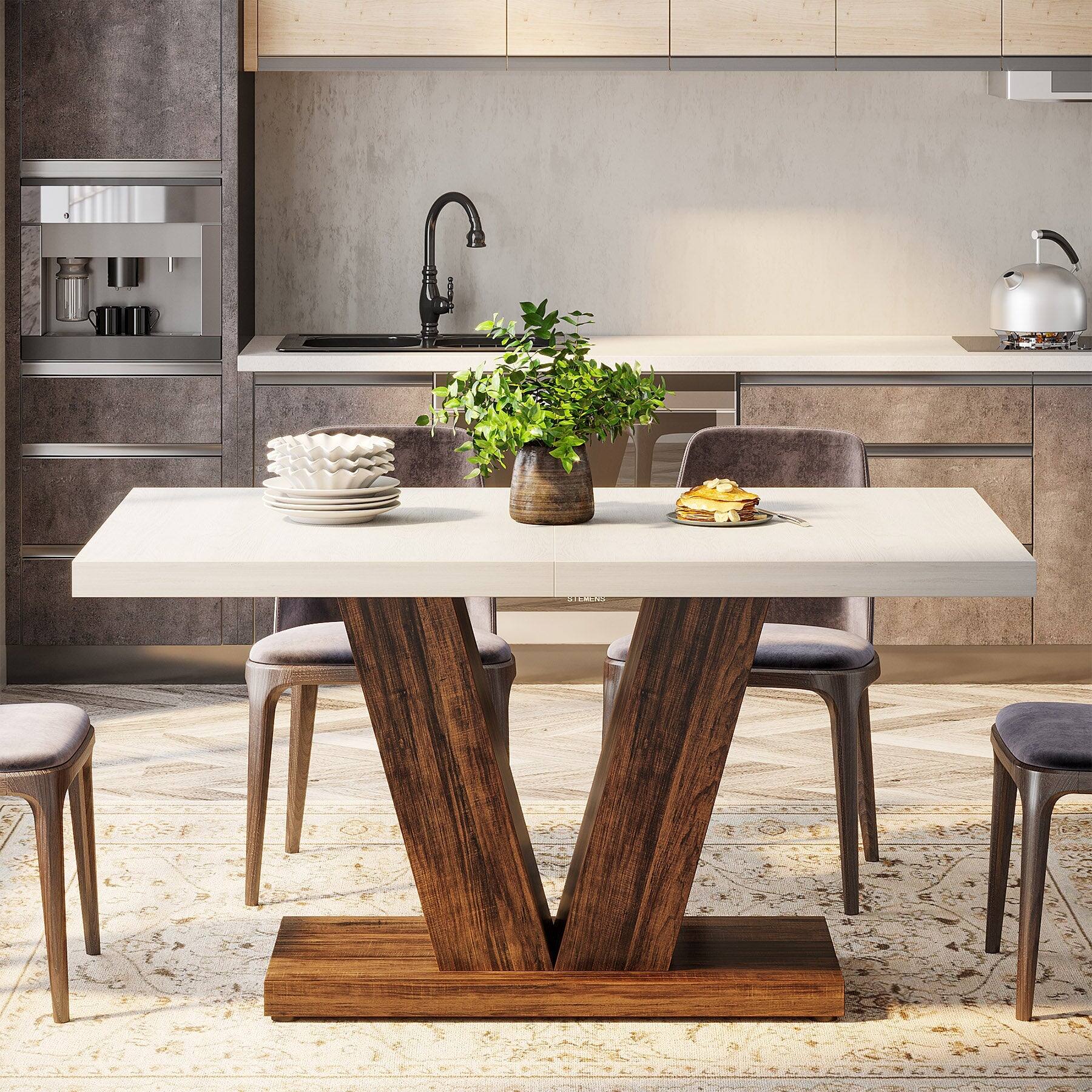 Angle. Tribesigns - Farmhouse Dining Table with Space-Saving Design and Pedestal Base for Dining Room and Kitchen - White.