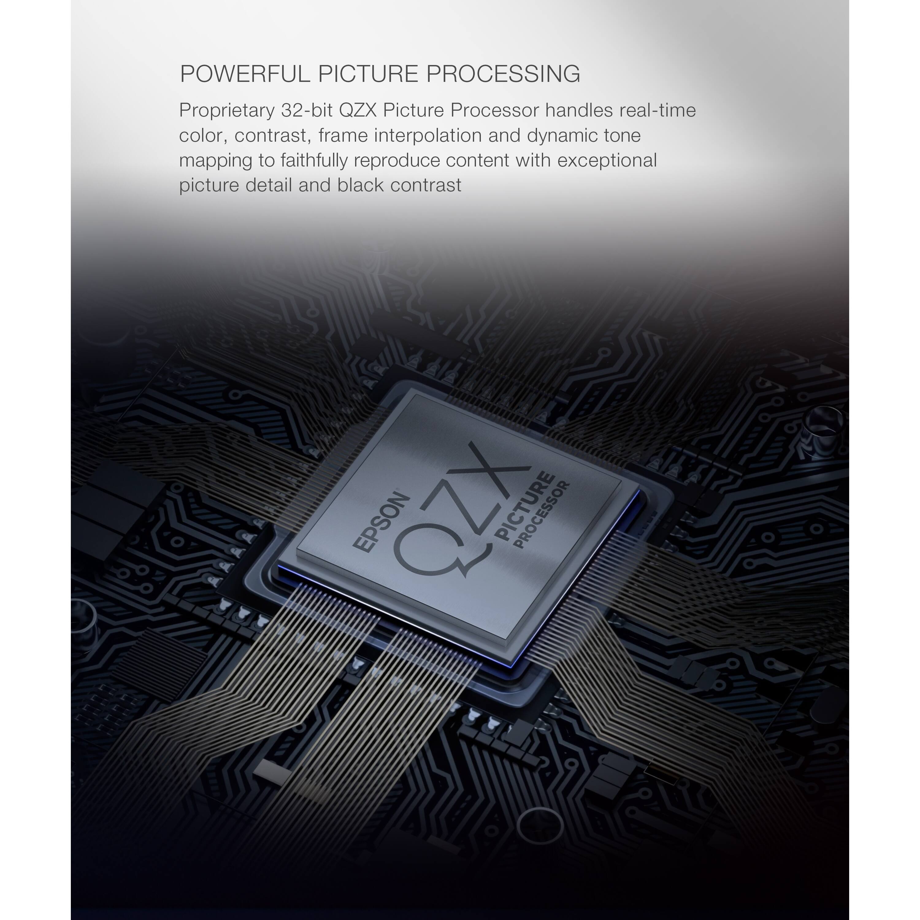 The text on the image reads "POWERFUL PICTURE PROCESSING Proprietary 32-bit QZX Picture Processor handles real-time color, contrast, frame interpolation and dynamic tone mapping to faithfully reproduce content with exceptional picture detail and black contrast EPSON QZX PICTURE PROCESSOR."