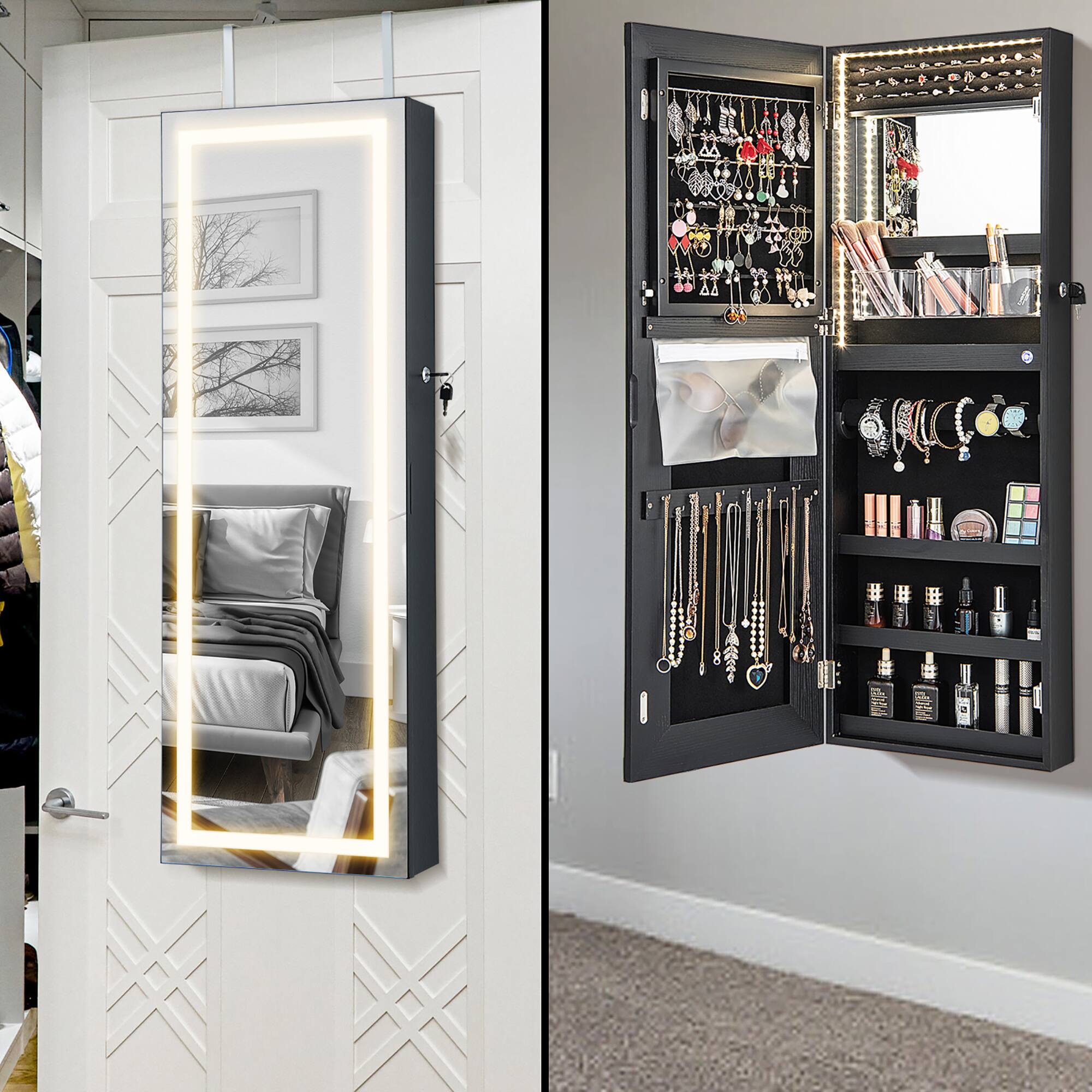 Alt View 4. Gymax - Gymax LED Mirror Jewelry Cabinet Wall/Door Mounted Organizer Armoire w/ 3 Color Light Black - Black.