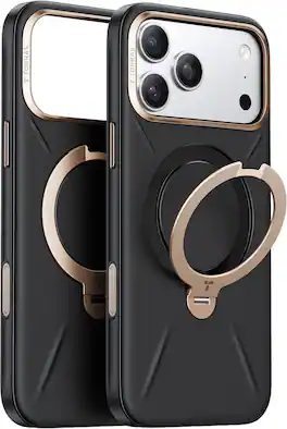 TORRAS - Ostand Q3 Vegan Leather Case for iPhone 18 Pro Max / iPhone 17 Pro Max, Magnetic Case with 360° Ring Stand - Obsidian Black