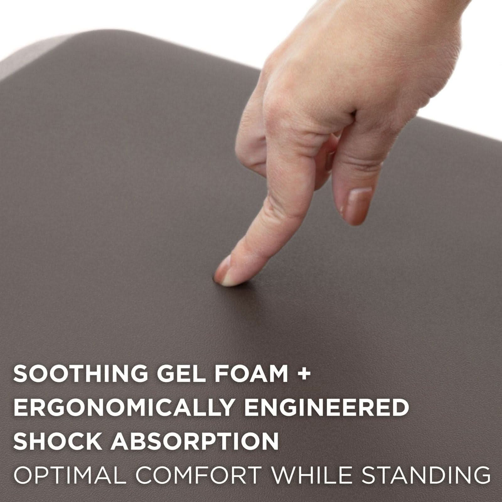 SOOTHING GEL FOAM + ERGONOMICALLY ENGINEERED SHOCK ABSORPTION OPTIMAL COMFORT WHILE STANDING