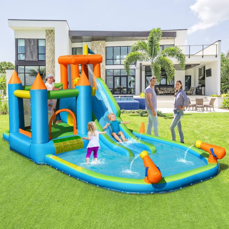Angle. SlickBlue - Outdoor Inflatable Water Slide with Bounce House and Splash Pool Without Blower - Blue, Green, Orange.