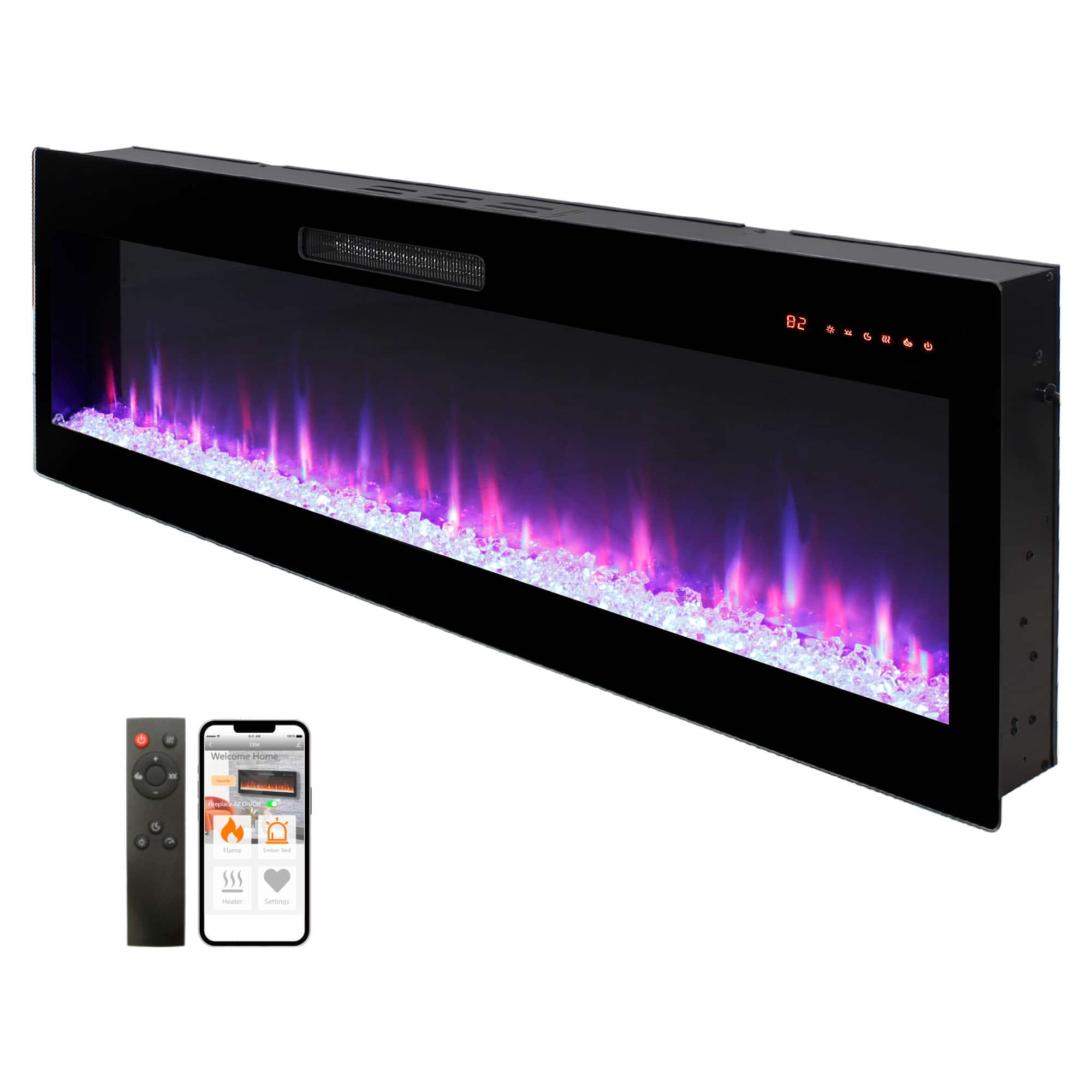 Tiramisubest - Smart 60" WiFi-Enabled Electric Fireplace Heater, Recessed in-Wall and Wall-Mounted - Antique Black
