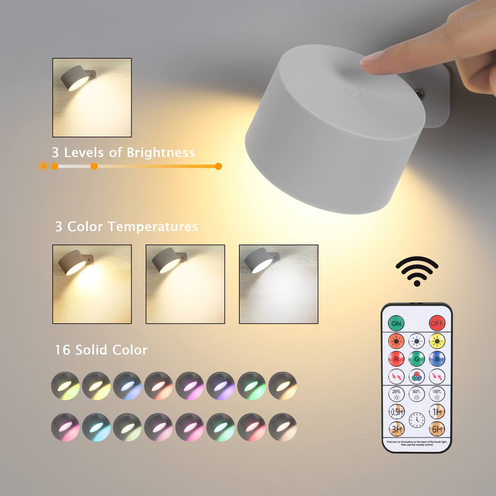 3 Levels of Brightness  
3 Color Temperatures  
ON  
OFF  
16 Solid Color  
- R  
- G  
50%  
100%  
3H  
6H  
FIN THER - +3+ particado - . - + 1961 - - . WOOD -  
light.