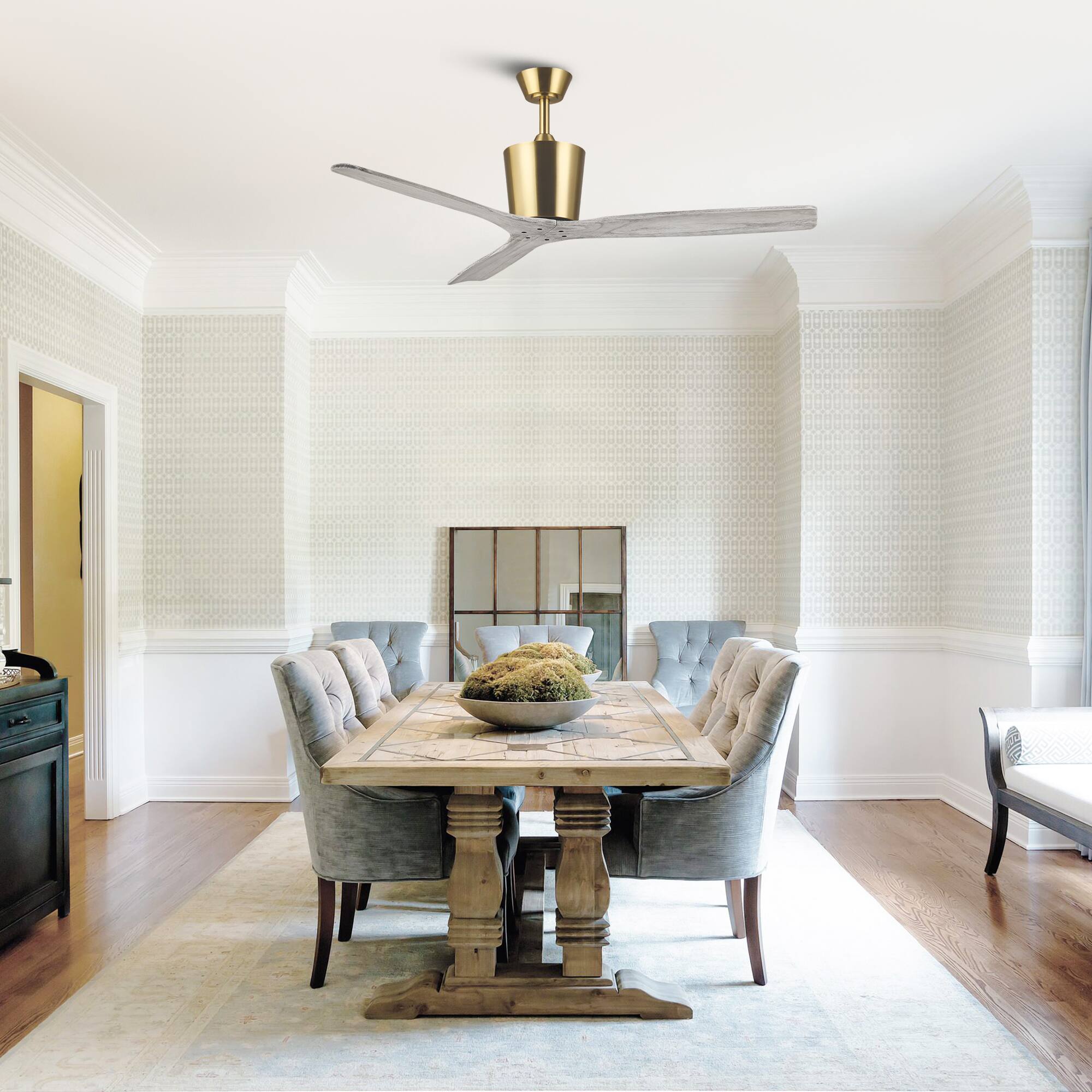 Left. Parrot Uncle - 54" Modern Solid Wood Blades Ceiling Fan with 6 Speed Remote, No Light - Gold.