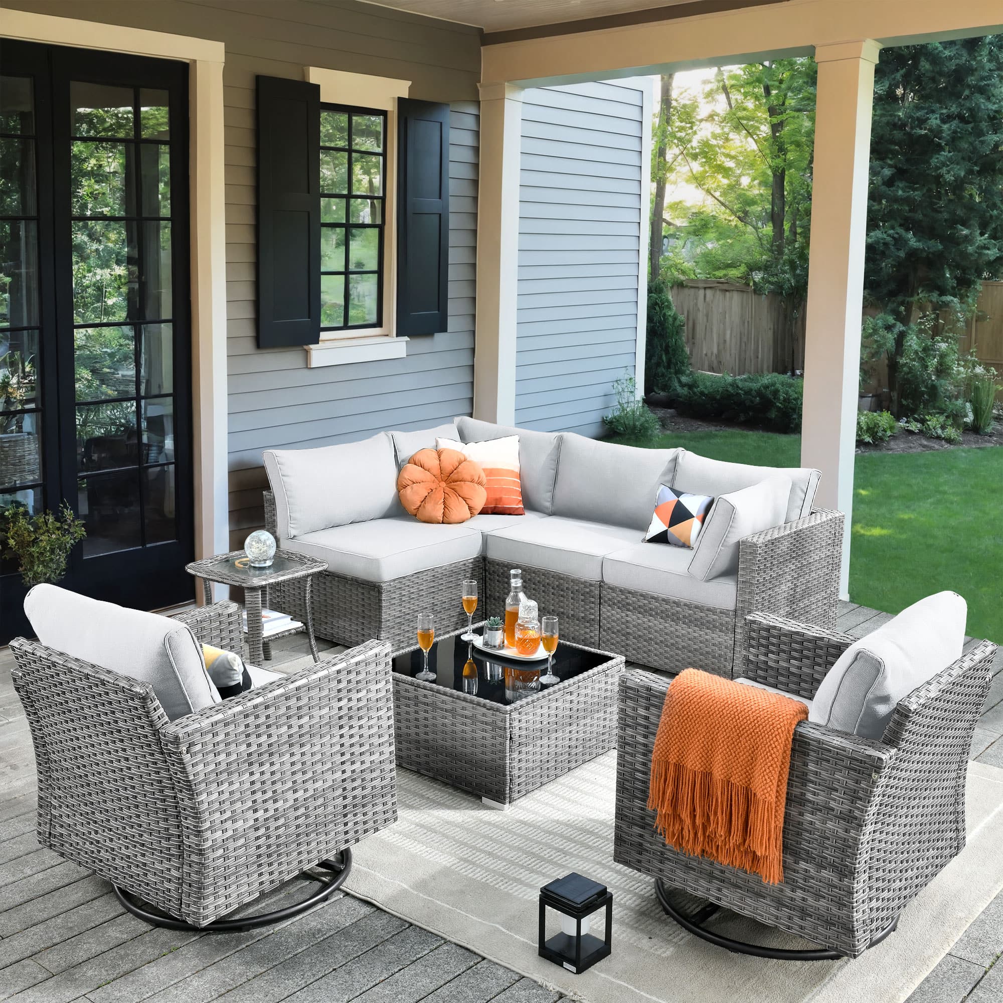 Ovios - 8 PCS Patio Furniture Set Outdoor Sectional Sofa with Swivel Chairs & Coffee Table - Gray
